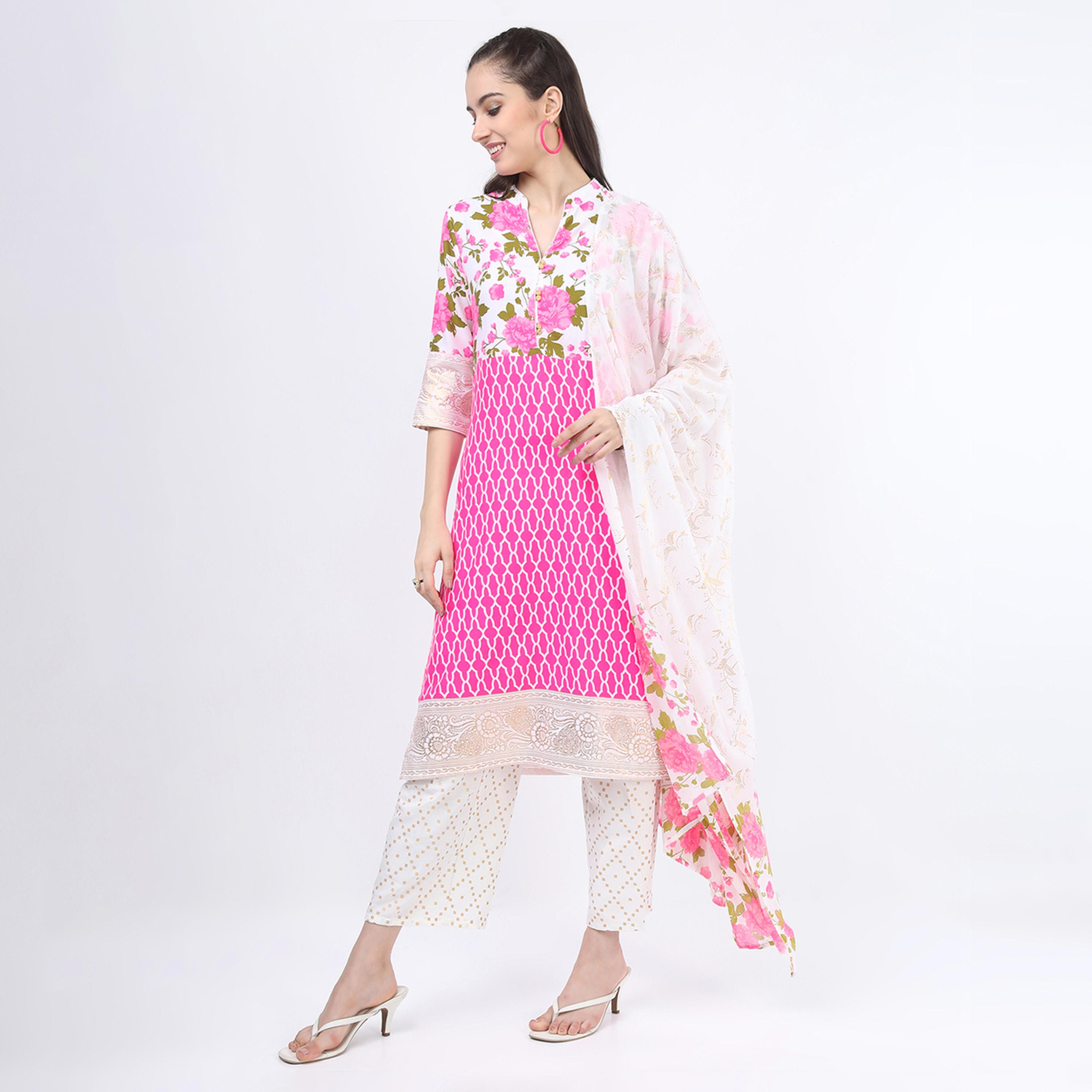 Vishudh X Styli Women Pink Floral Printed Kurta with Palazzos & dupatta-women-clothing-ethnicwear-sareesets-image-2