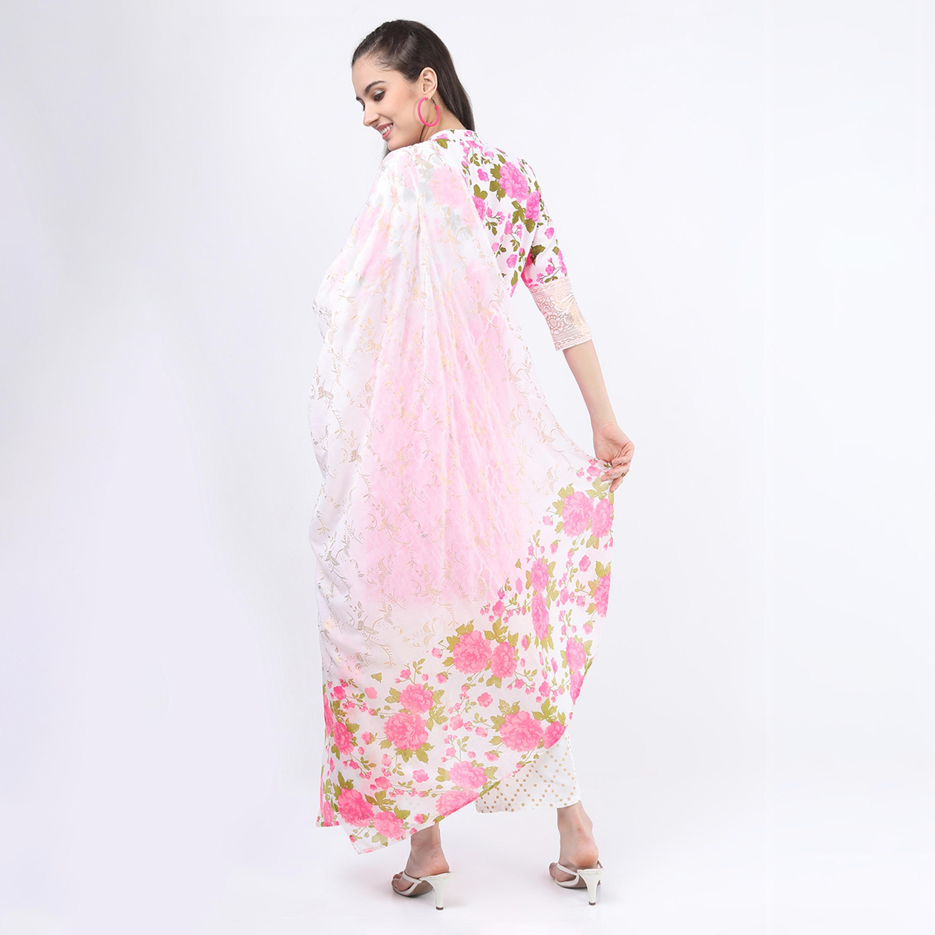 فيشود × ستايلي - كورتا بطبعة أزهار مع بنطال بالازو ووشاح دوباتا باللون الوردي للنساء-women-clothing-ethnicwear-sareesets-image-3