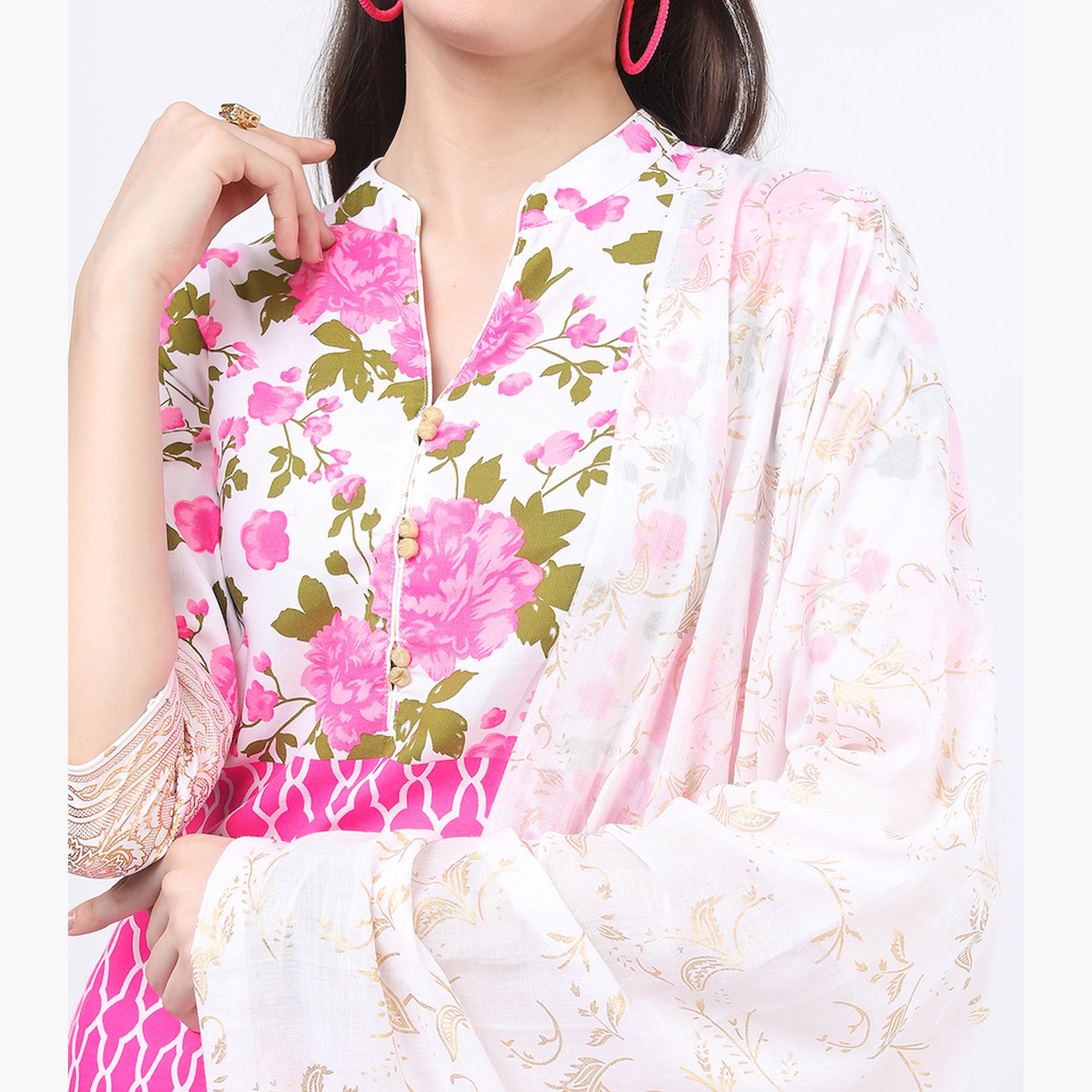 فيشود × ستايلي - كورتا بطبعة أزهار مع بنطال بالازو ووشاح دوباتا باللون الوردي للنساء-women-clothing-ethnicwear-sareesets-image-4