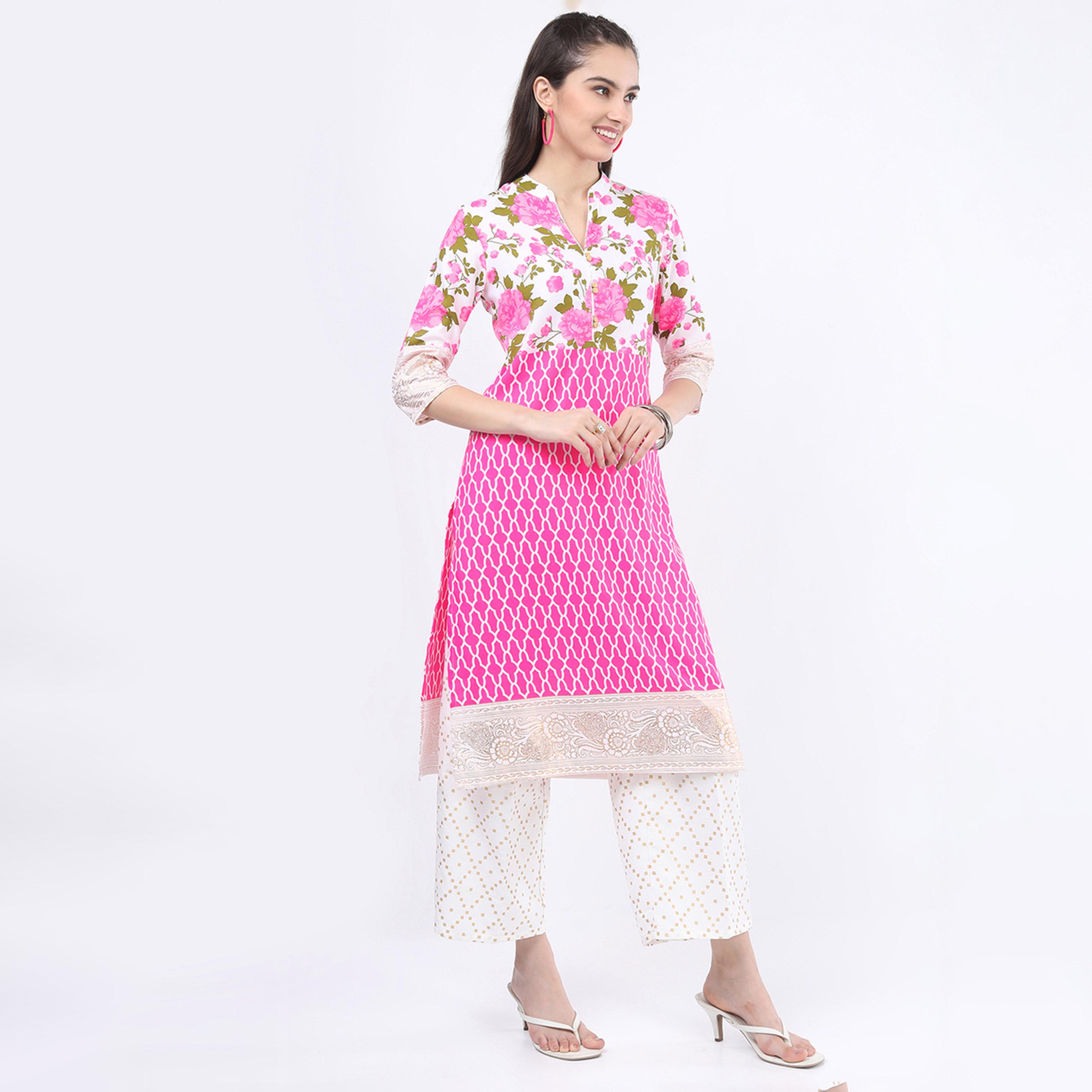 فيشود × ستايلي - كورتا بطبعة أزهار مع بنطال بالازو ووشاح دوباتا باللون الوردي للنساء-women-clothing-ethnicwear-sareesets-image-6