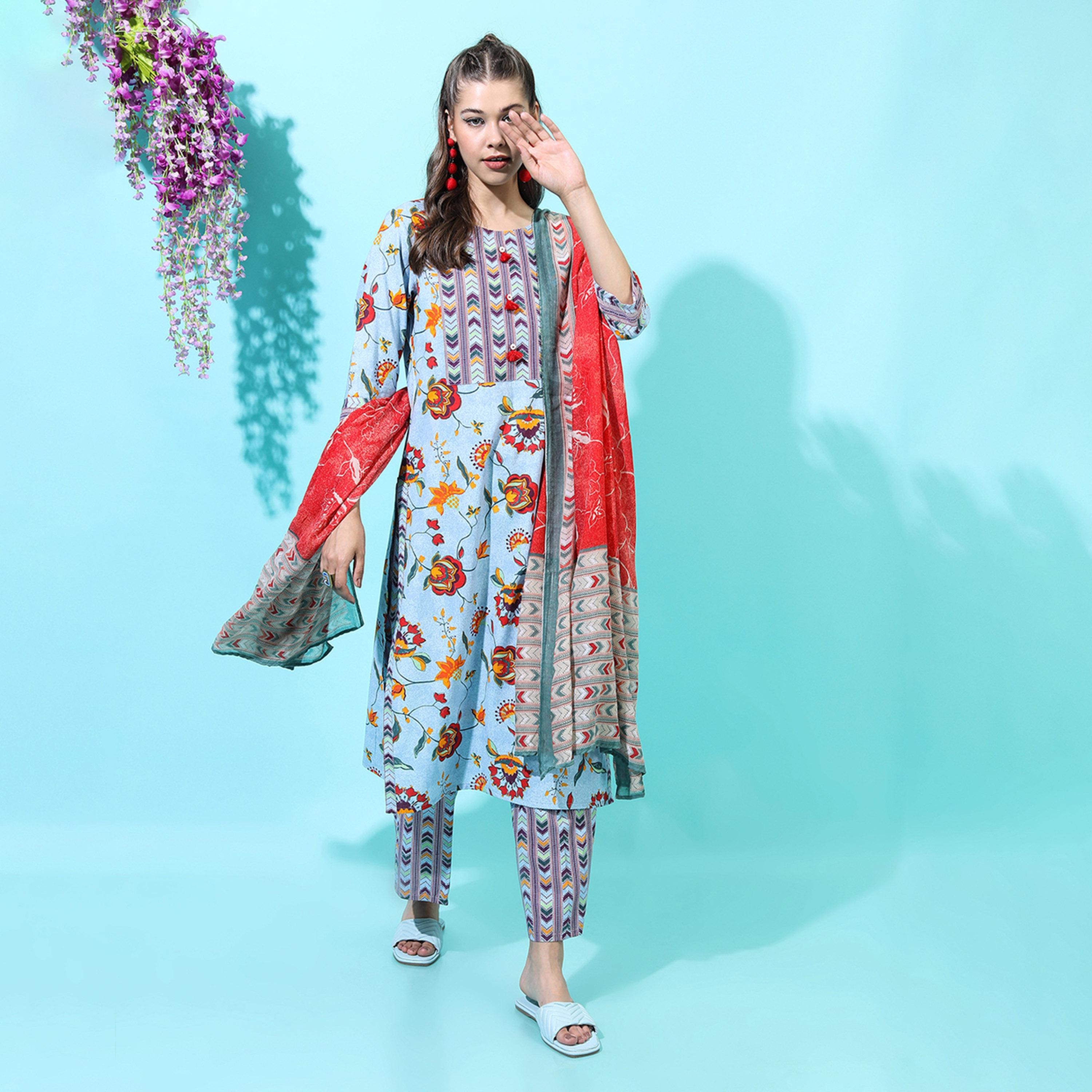 فيشود × ستايلي - كورتا من القطن الخالص مزينة بالزهور مع بنطال ووشاح باللون الأزرق للنساء-women-clothing-ethnicwear-sareesets-image-1
