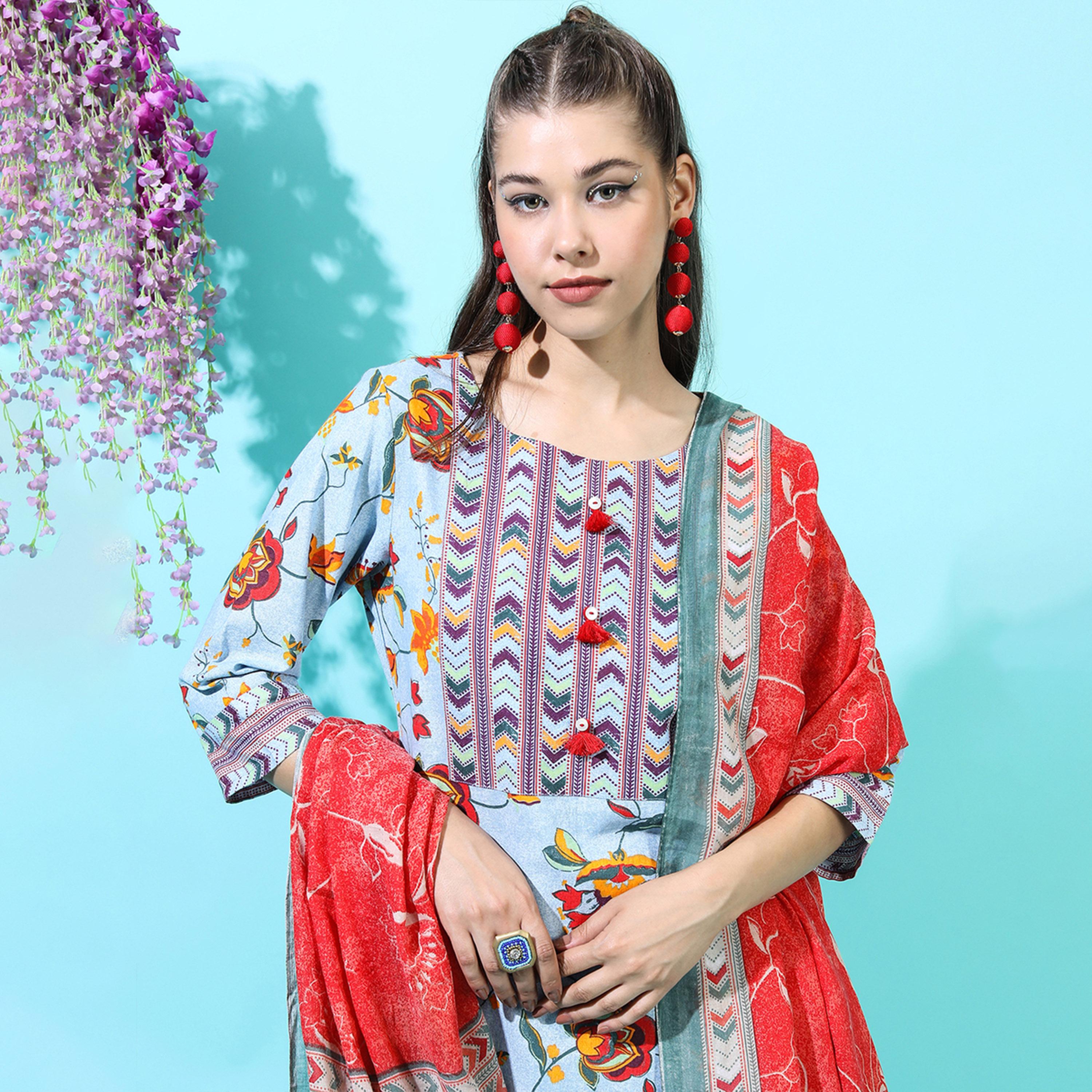 فيشود × ستايلي - كورتا من القطن الخالص مزينة بالزهور مع بنطال ووشاح باللون الأزرق للنساء-women-clothing-ethnicwear-sareesets-image-2