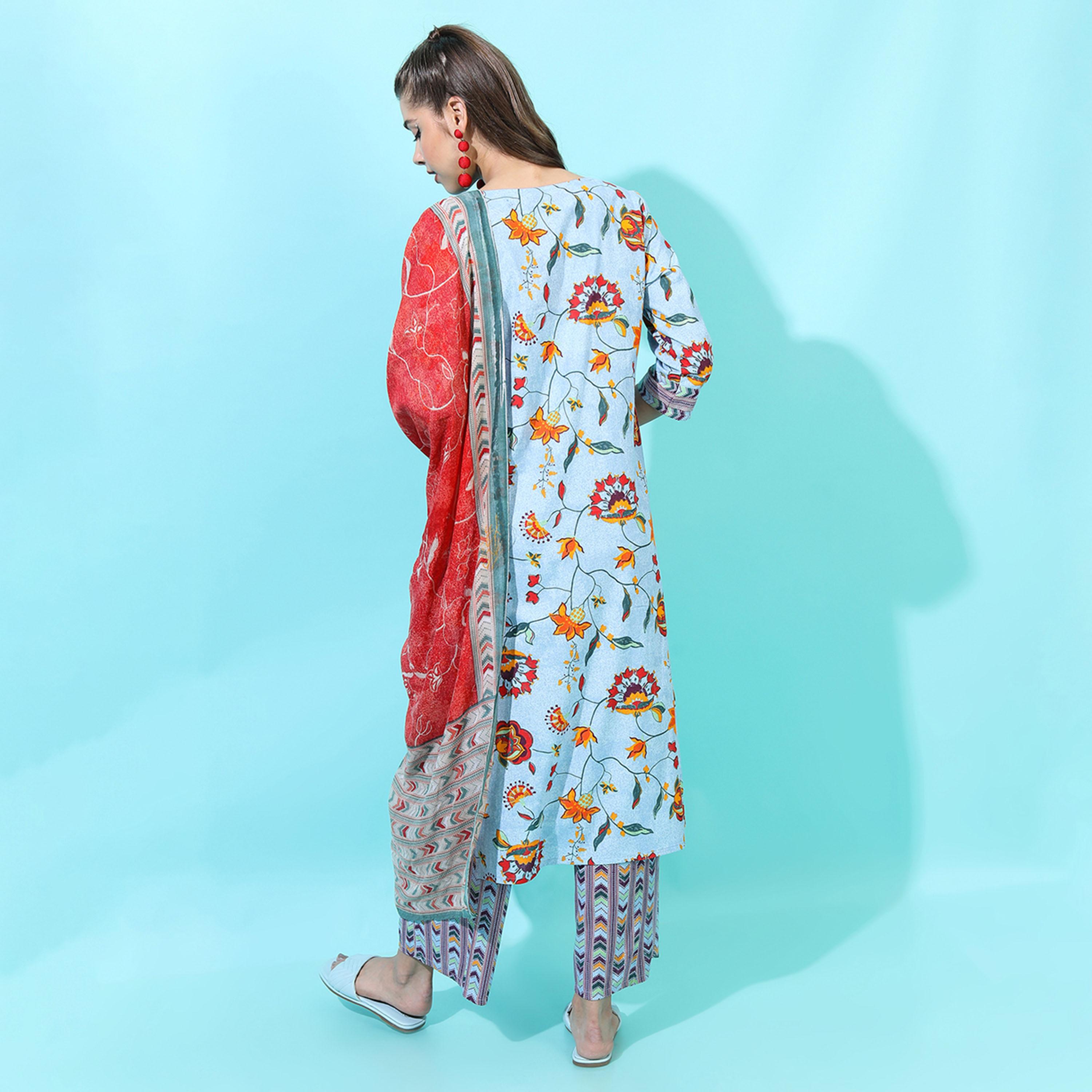 فيشود × ستايلي - كورتا من القطن الخالص مزينة بالزهور مع بنطال ووشاح باللون الأزرق للنساء-women-clothing-ethnicwear-sareesets-image-3
