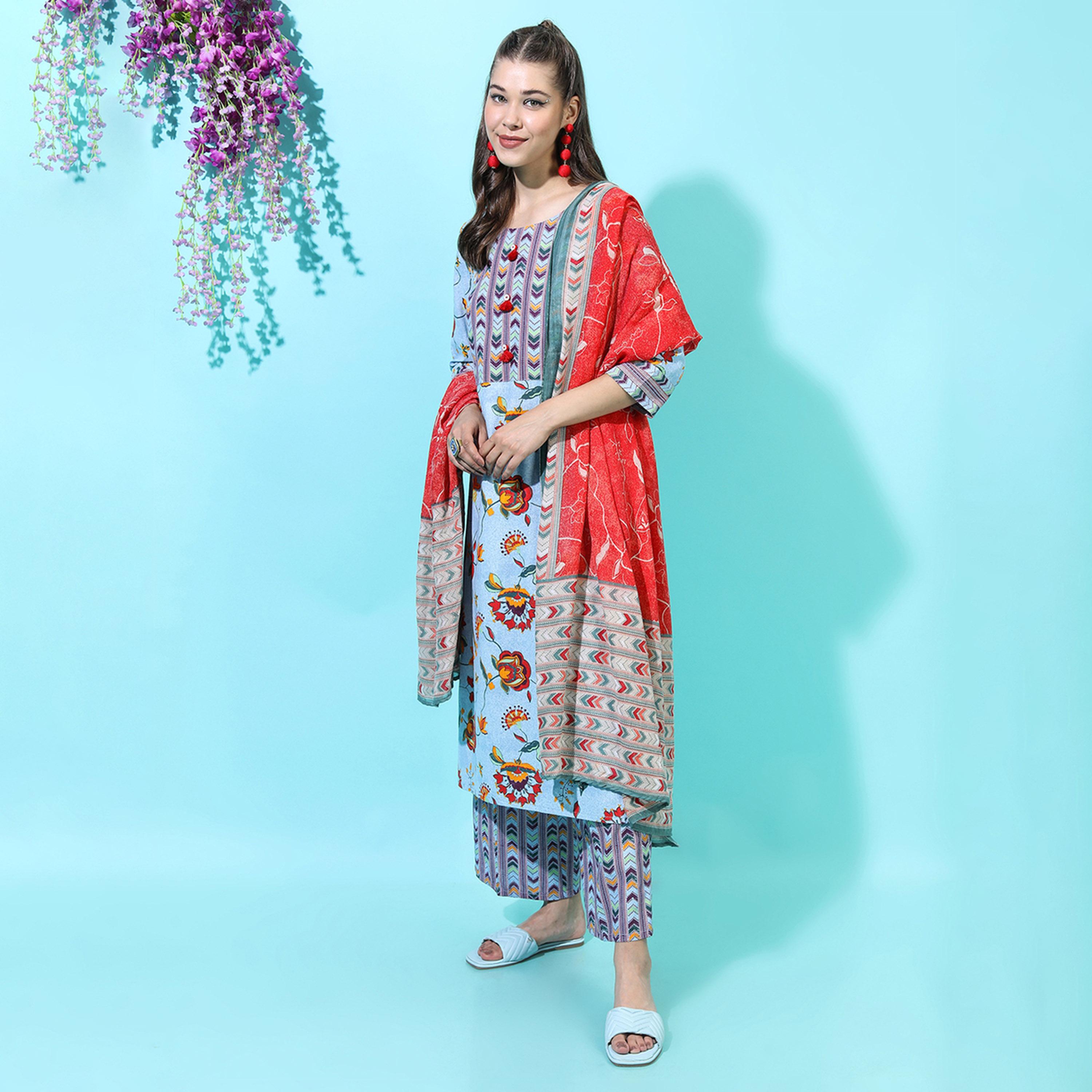 فيشود × ستايلي - كورتا من القطن الخالص مزينة بالزهور مع بنطال ووشاح باللون الأزرق للنساء-women-clothing-ethnicwear-sareesets-image-4