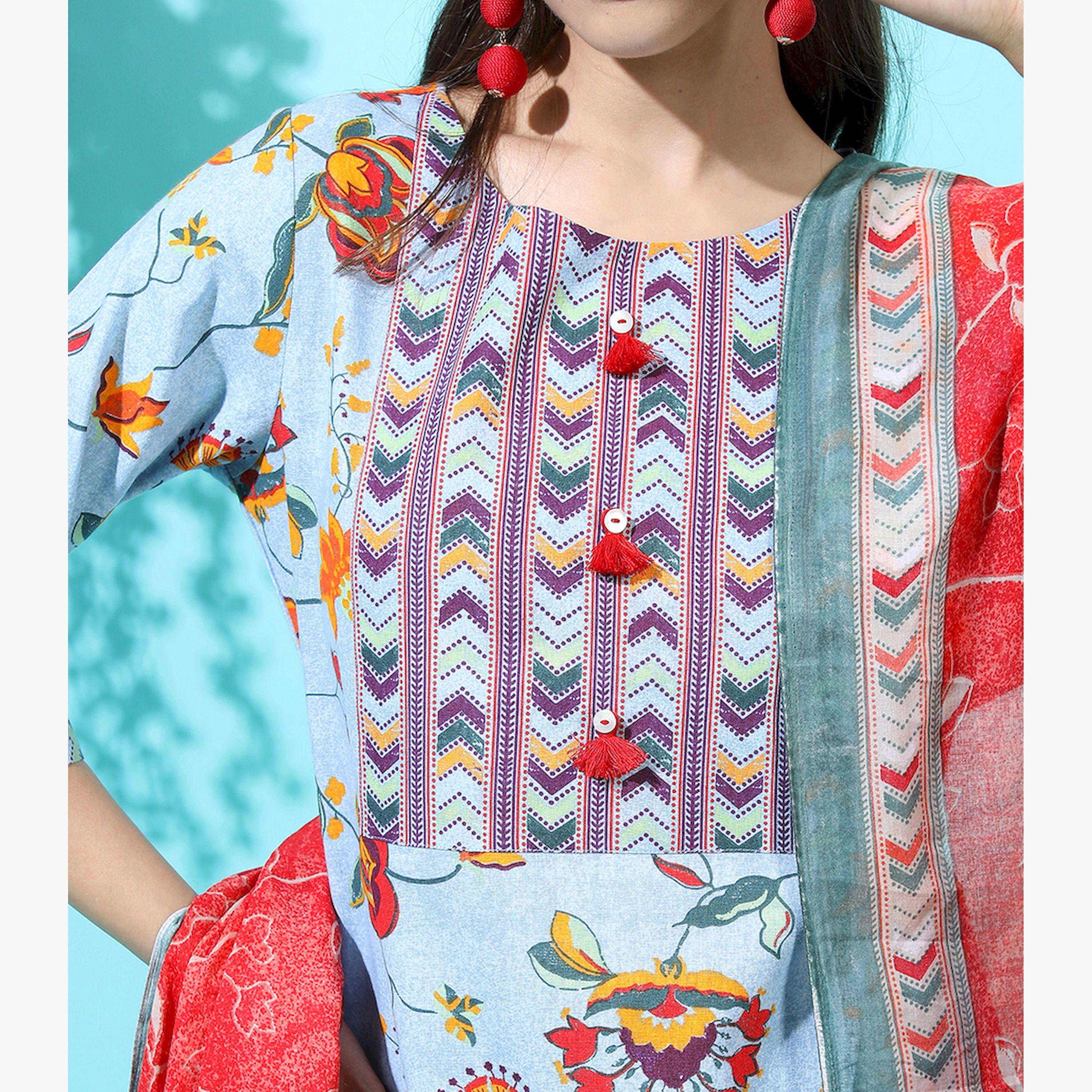 فيشود × ستايلي - كورتا من القطن الخالص مزينة بالزهور مع بنطال ووشاح باللون الأزرق للنساء-women-clothing-ethnicwear-sareesets-image-5