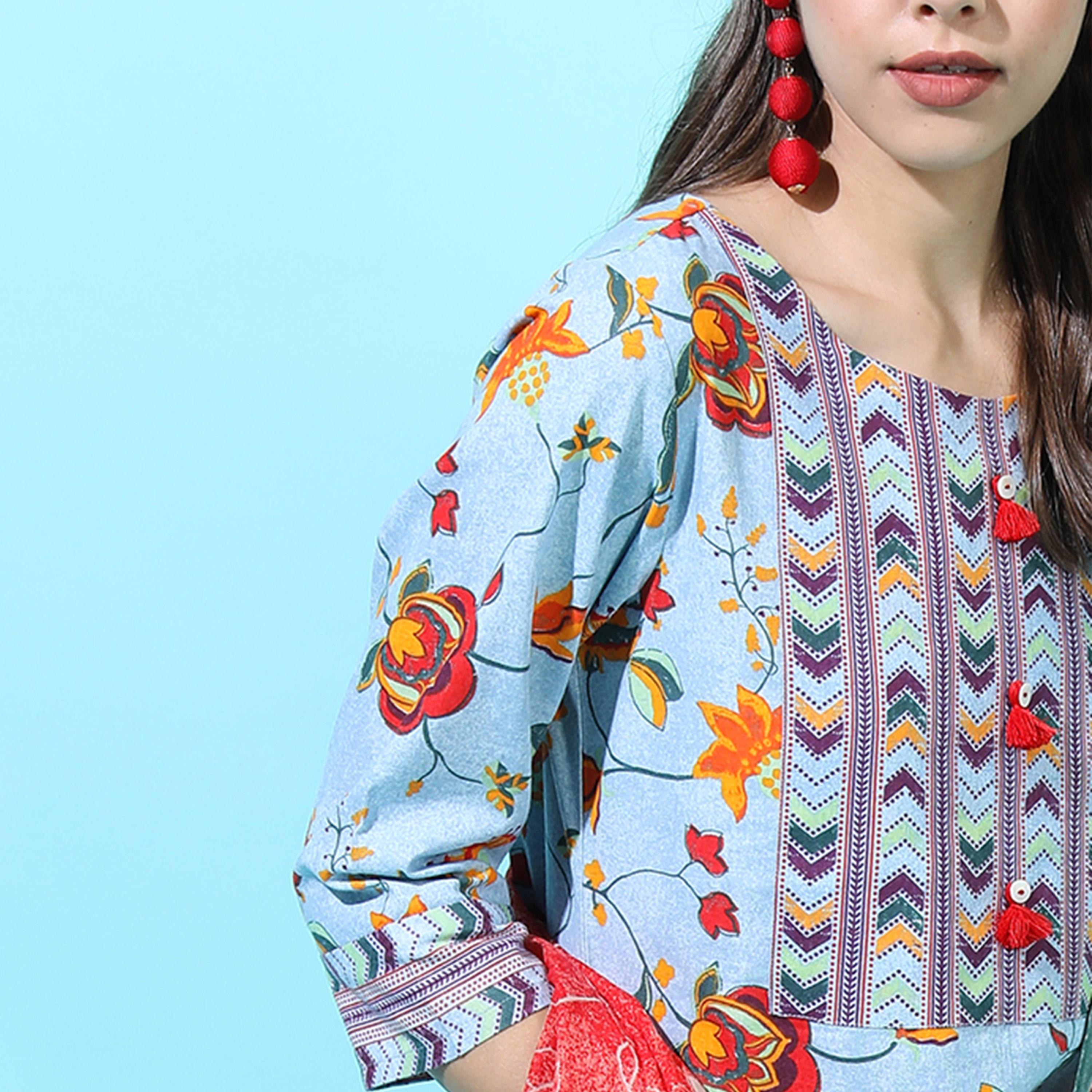 فيشود × ستايلي - كورتا من القطن الخالص مزينة بالزهور مع بنطال ووشاح باللون الأزرق للنساء-women-clothing-ethnicwear-sareesets-image-6