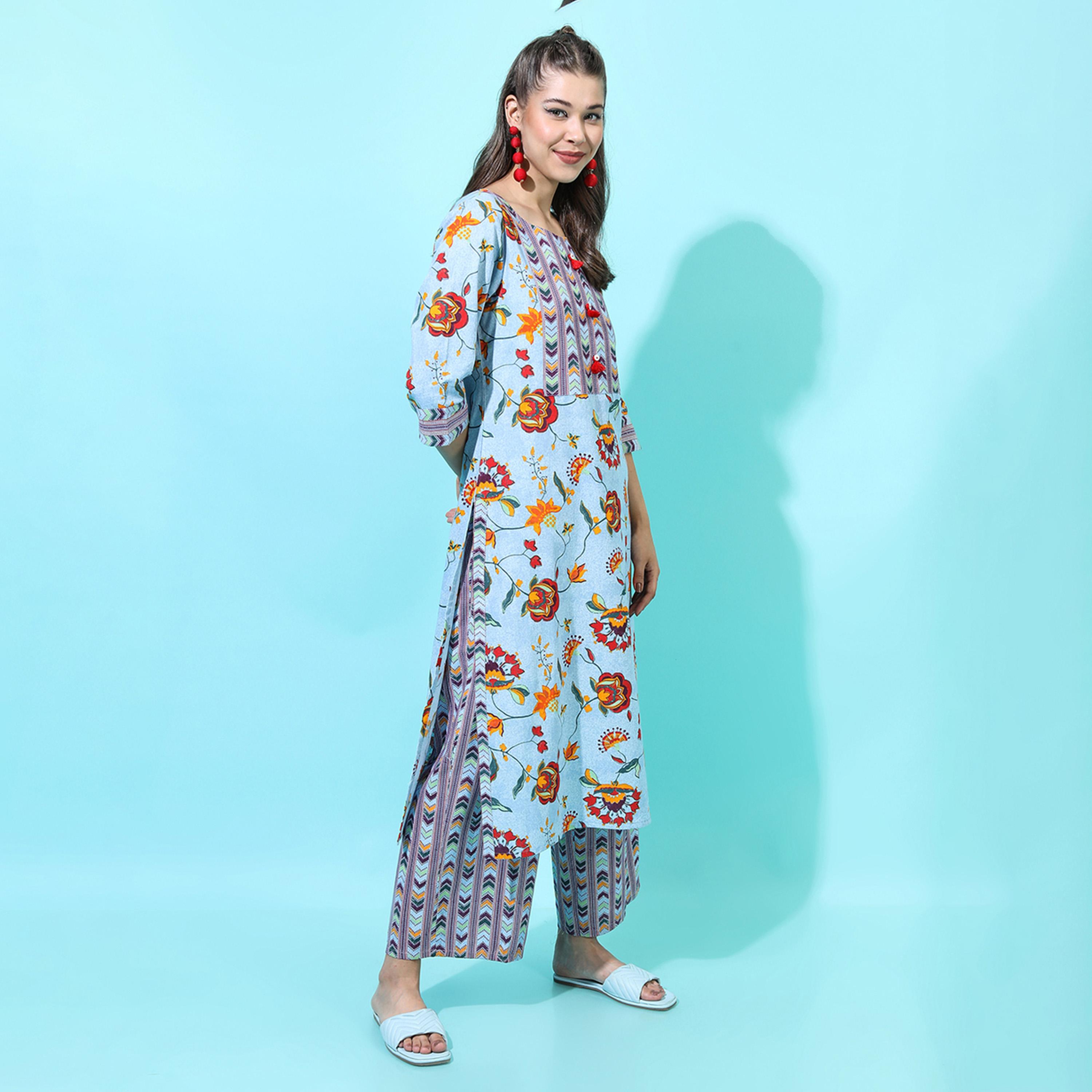 فيشود × ستايلي - كورتا من القطن الخالص مزينة بالزهور مع بنطال ووشاح باللون الأزرق للنساء-women-clothing-ethnicwear-sareesets-image-7