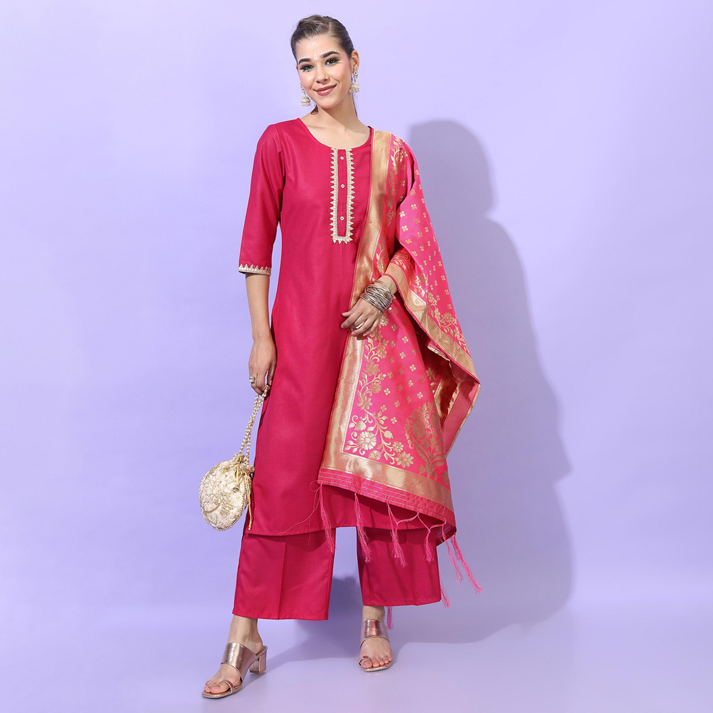 فيشود × ستايلي - كورتي مستقيم مع بنطال بالازو ووشاح دوباتا باللون الوردي للنساء-women-clothing-ethnicwear-sareesets-image-1