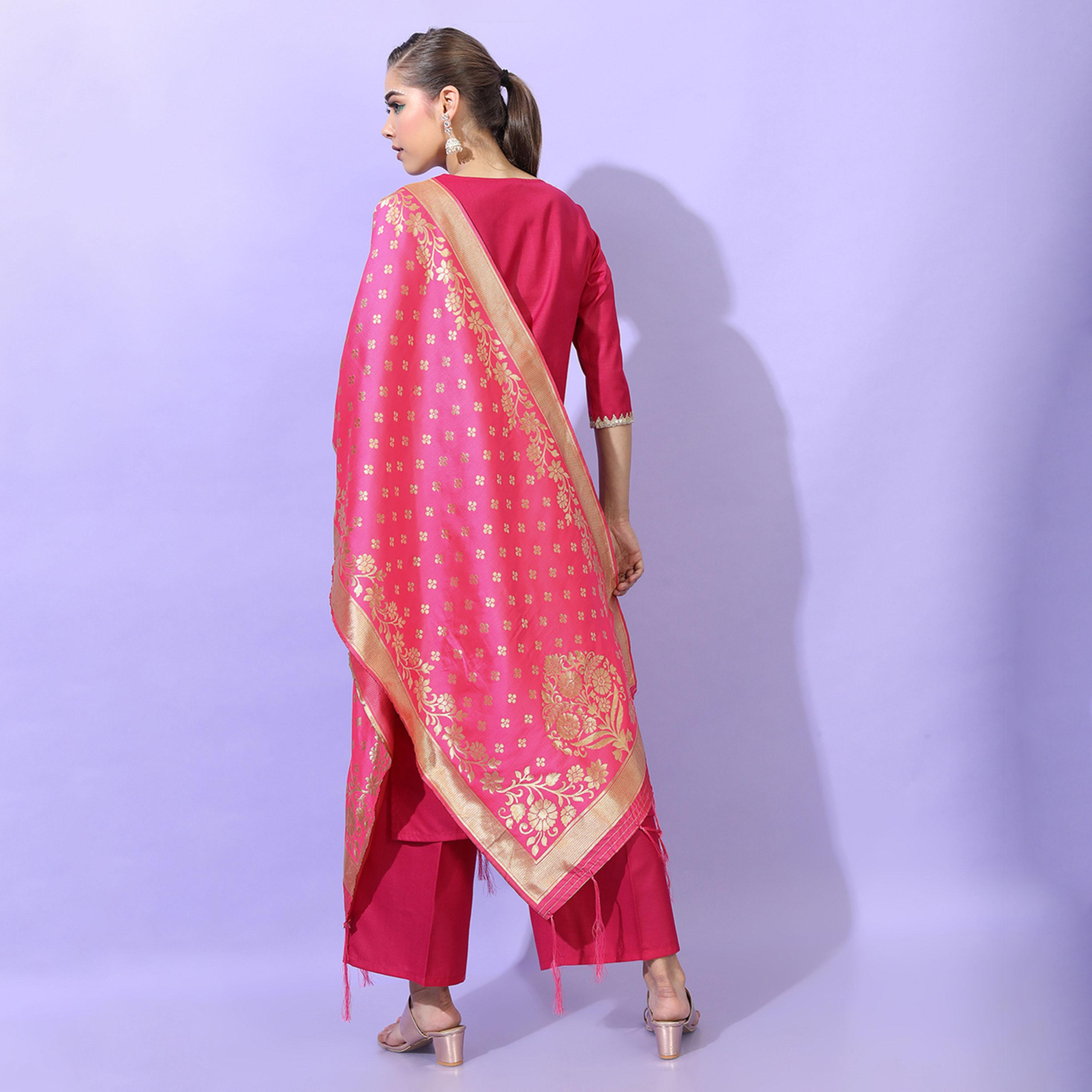 فيشود × ستايلي - كورتي مستقيم مع بنطال بالازو ووشاح دوباتا باللون الوردي للنساء-women-clothing-ethnicwear-sareesets-image-3