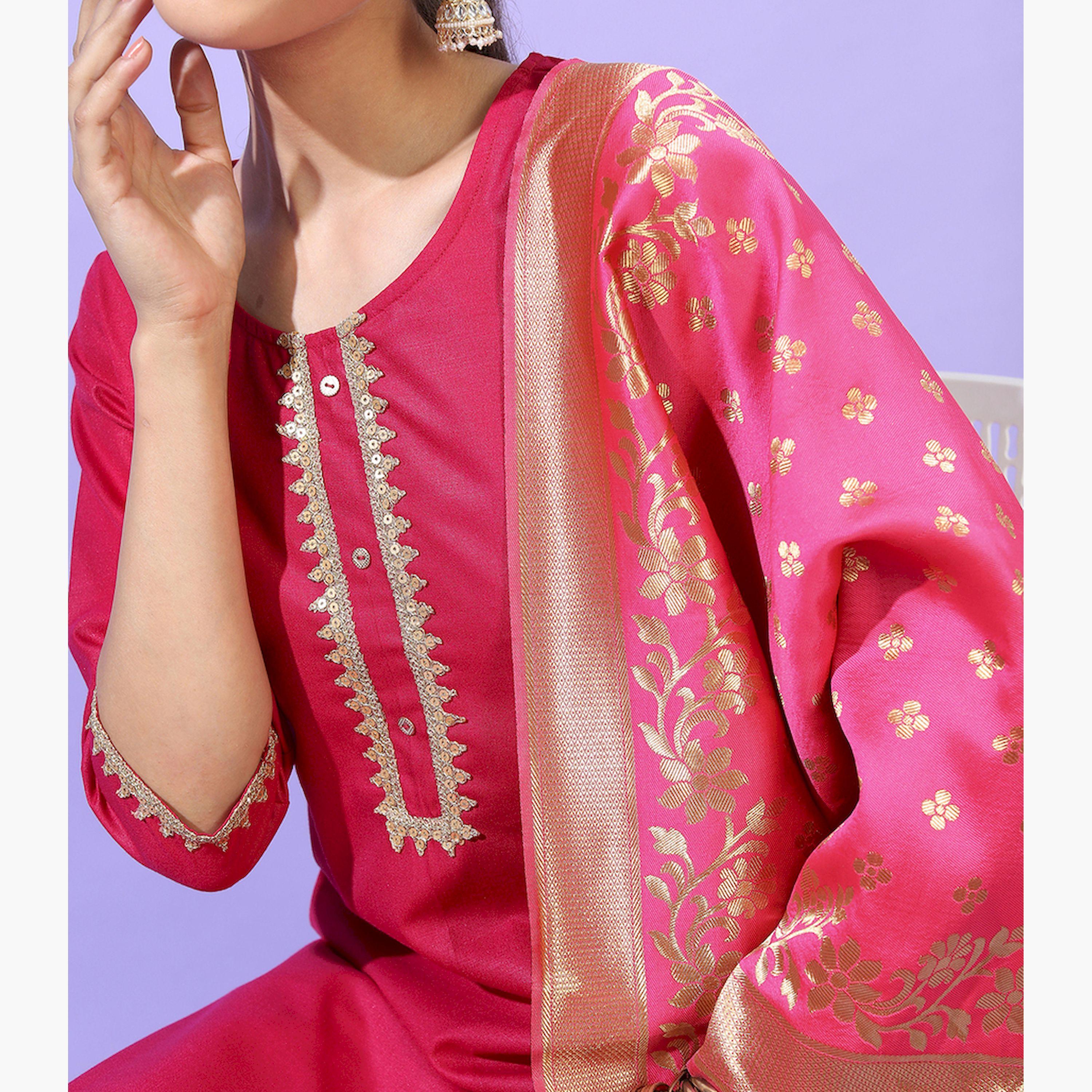فيشود × ستايلي - كورتي مستقيم مع بنطال بالازو ووشاح دوباتا باللون الوردي للنساء-women-clothing-ethnicwear-sareesets-image-4