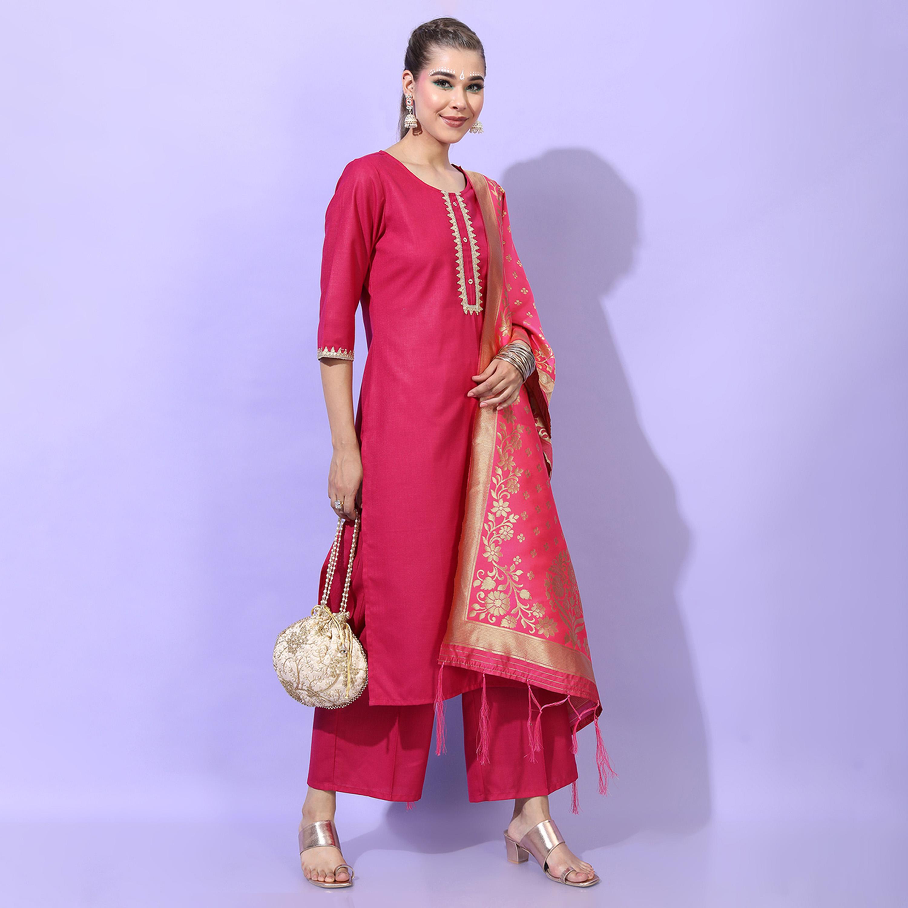 فيشود × ستايلي - كورتي مستقيم مع بنطال بالازو ووشاح دوباتا باللون الوردي للنساء-women-clothing-ethnicwear-sareesets-image-5