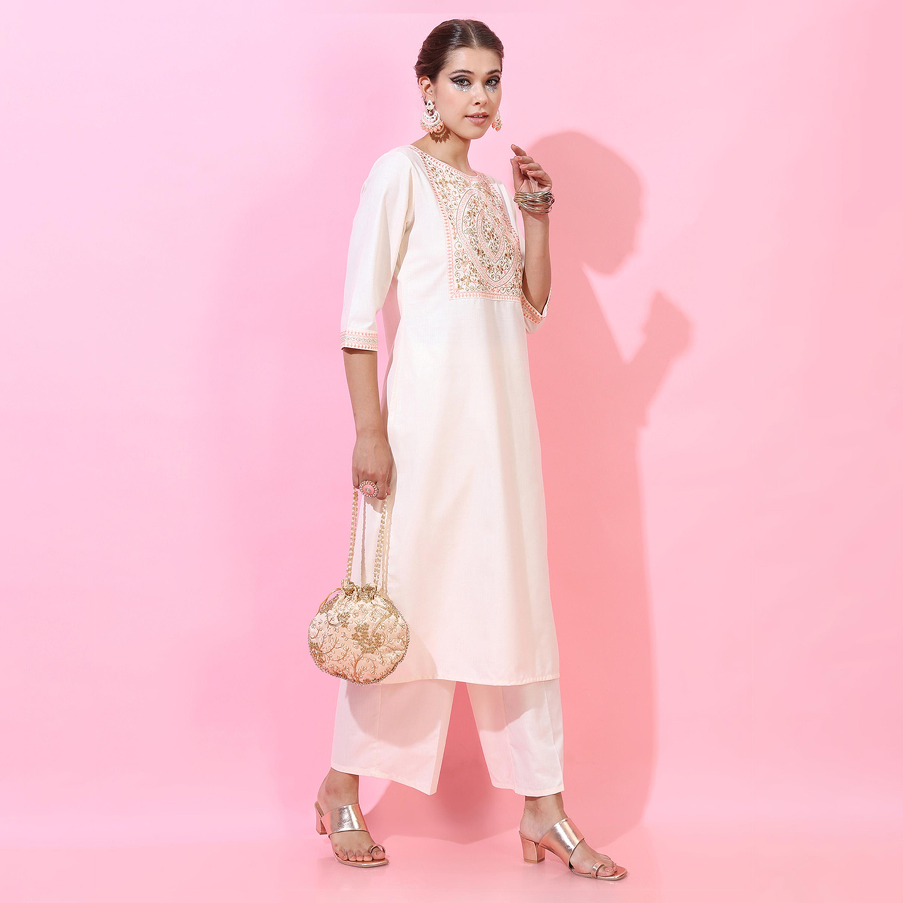 فيشود × ستايلي - كورتي نسائي بياقة مزينة مع بنطال ووشاح - كريمي-women-clothing-ethnicwear-sareesets-image-2