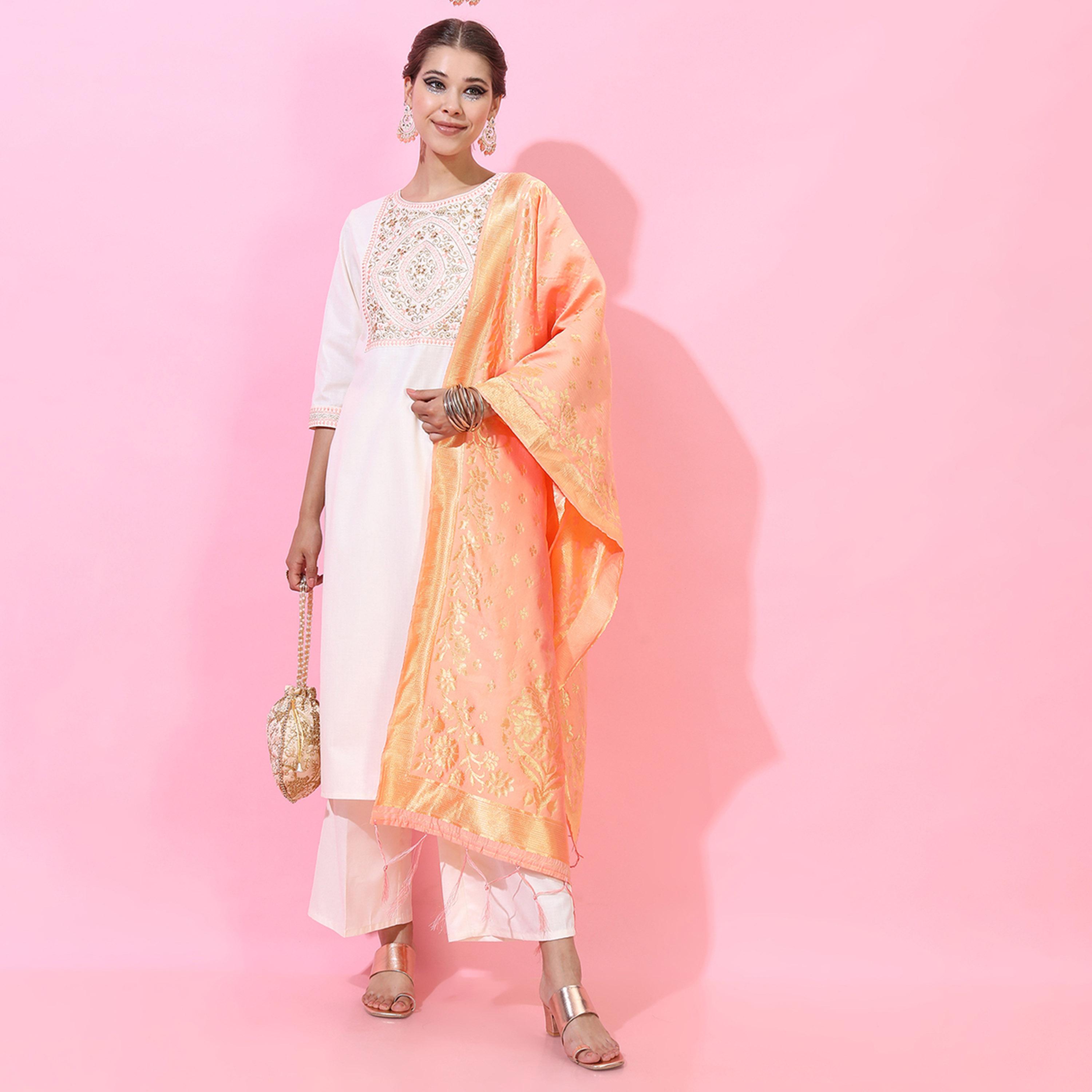 فيشود × ستايلي - كورتي نسائي بياقة مزينة مع بنطال ووشاح - كريمي-women-clothing-ethnicwear-sareesets-image-6