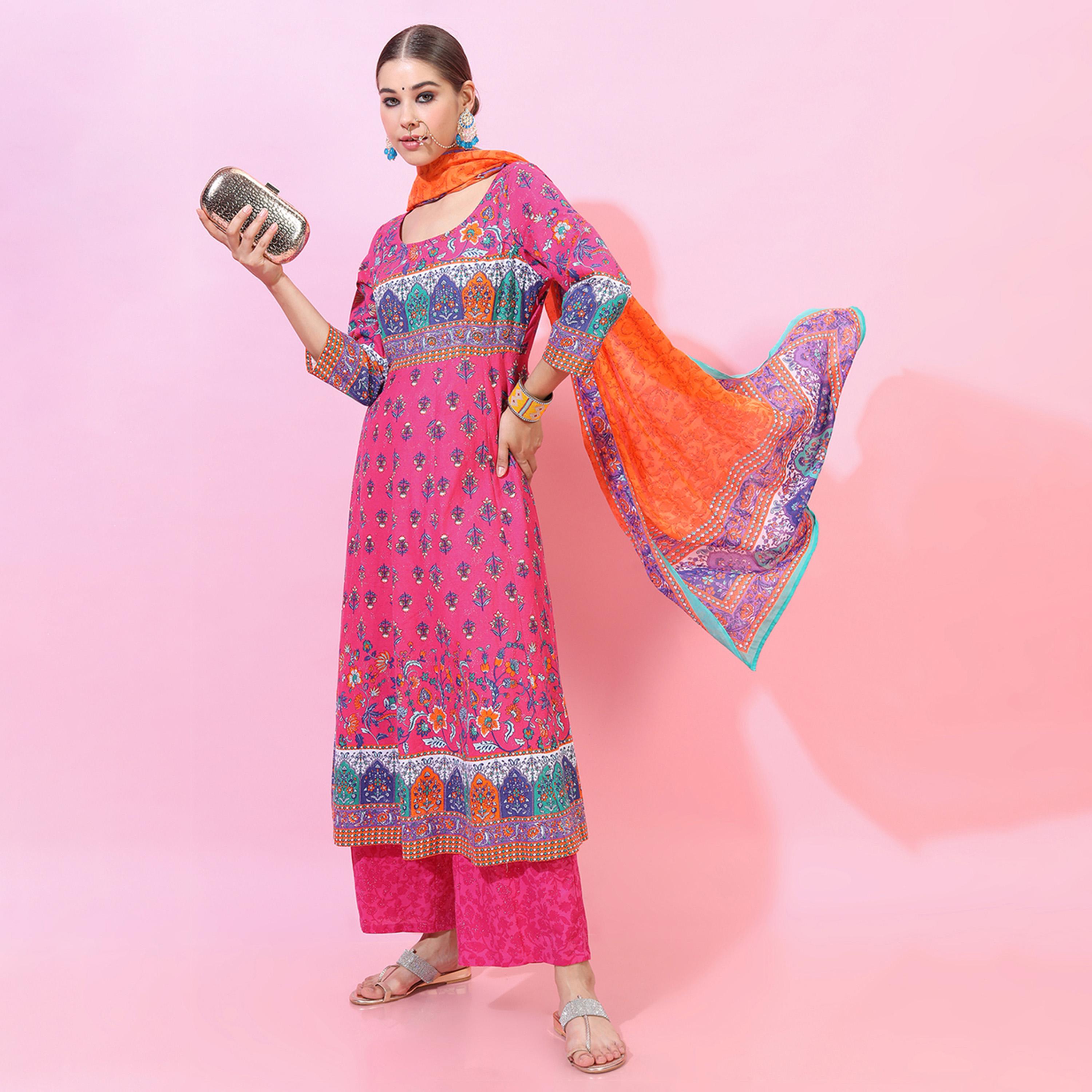 فيشود × ستايلي - كورتا من القطن الخالص بطبعة أزهار مع بنطال ووشاح باللون الوردي للنساء-women-clothing-ethnicwear-sareesets-image-5