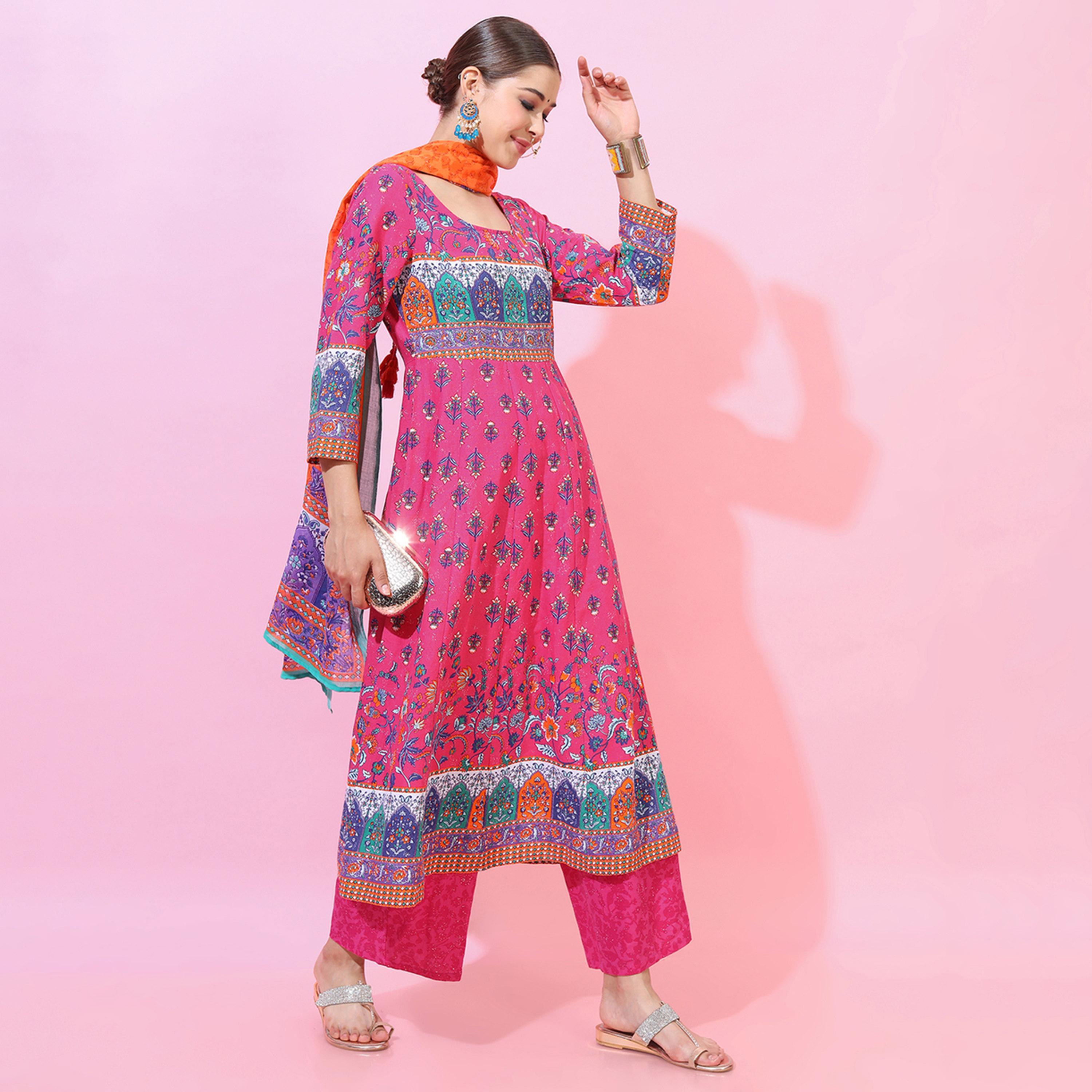 فيشود × ستايلي - كورتا من القطن الخالص بطبعة أزهار مع بنطال ووشاح باللون الوردي للنساء-women-clothing-ethnicwear-sareesets-image-6