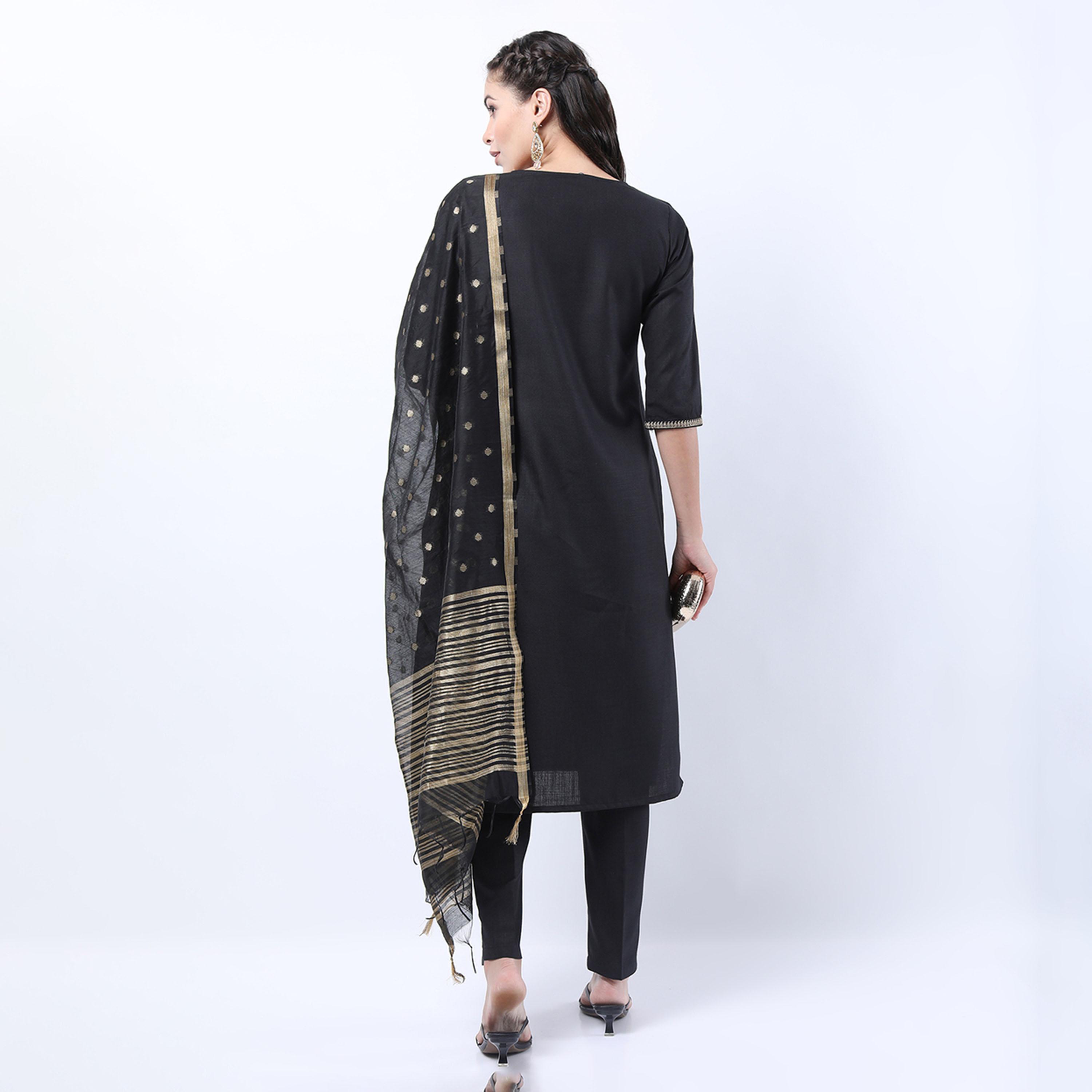 فيشود × ستايلي - كورتا مع بنطال ووشاح باللون الأسود للنساء-women-clothing-ethnicwear-sareesets-image-3
