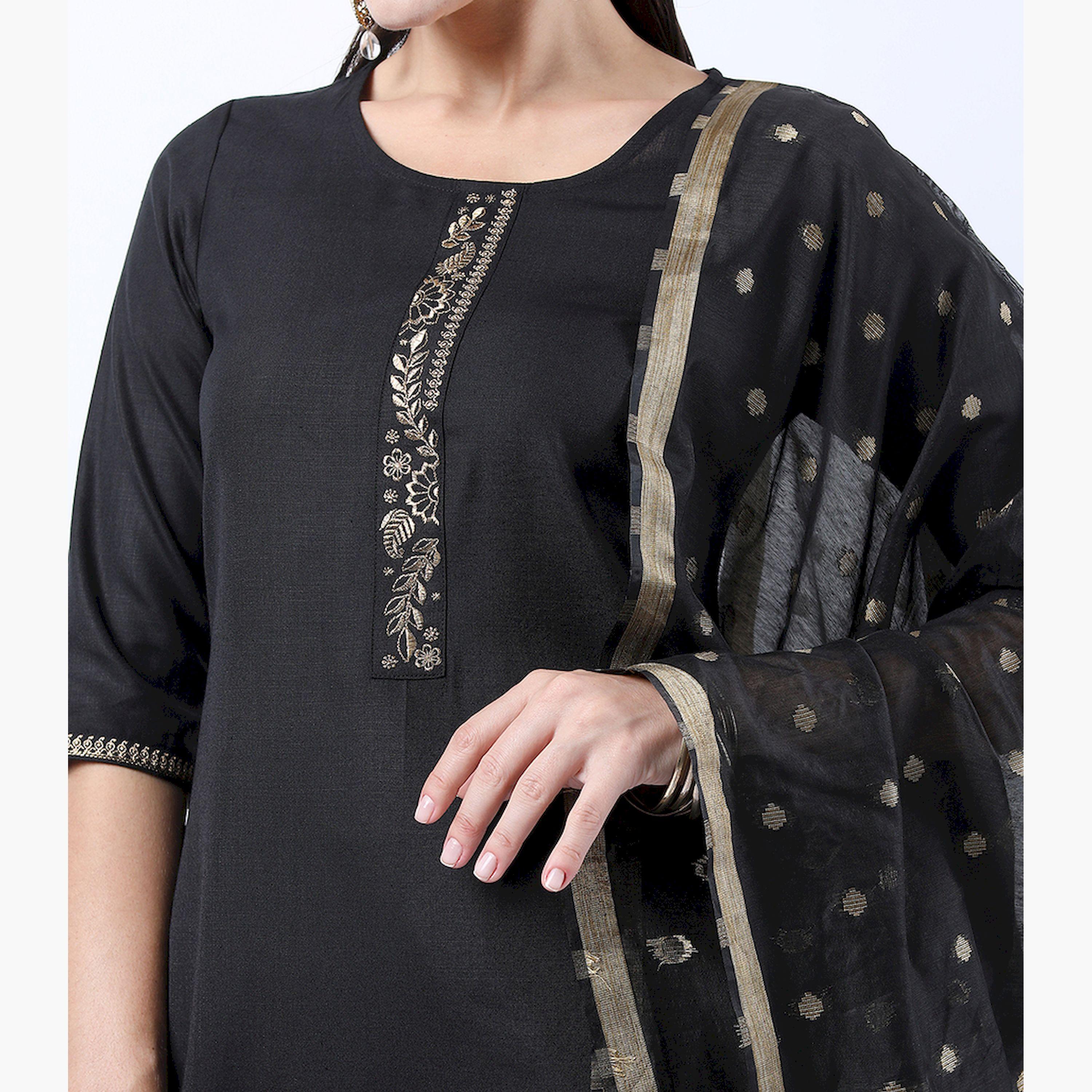 فيشود × ستايلي - كورتا مع بنطال ووشاح باللون الأسود للنساء-women-clothing-ethnicwear-sareesets-image-4