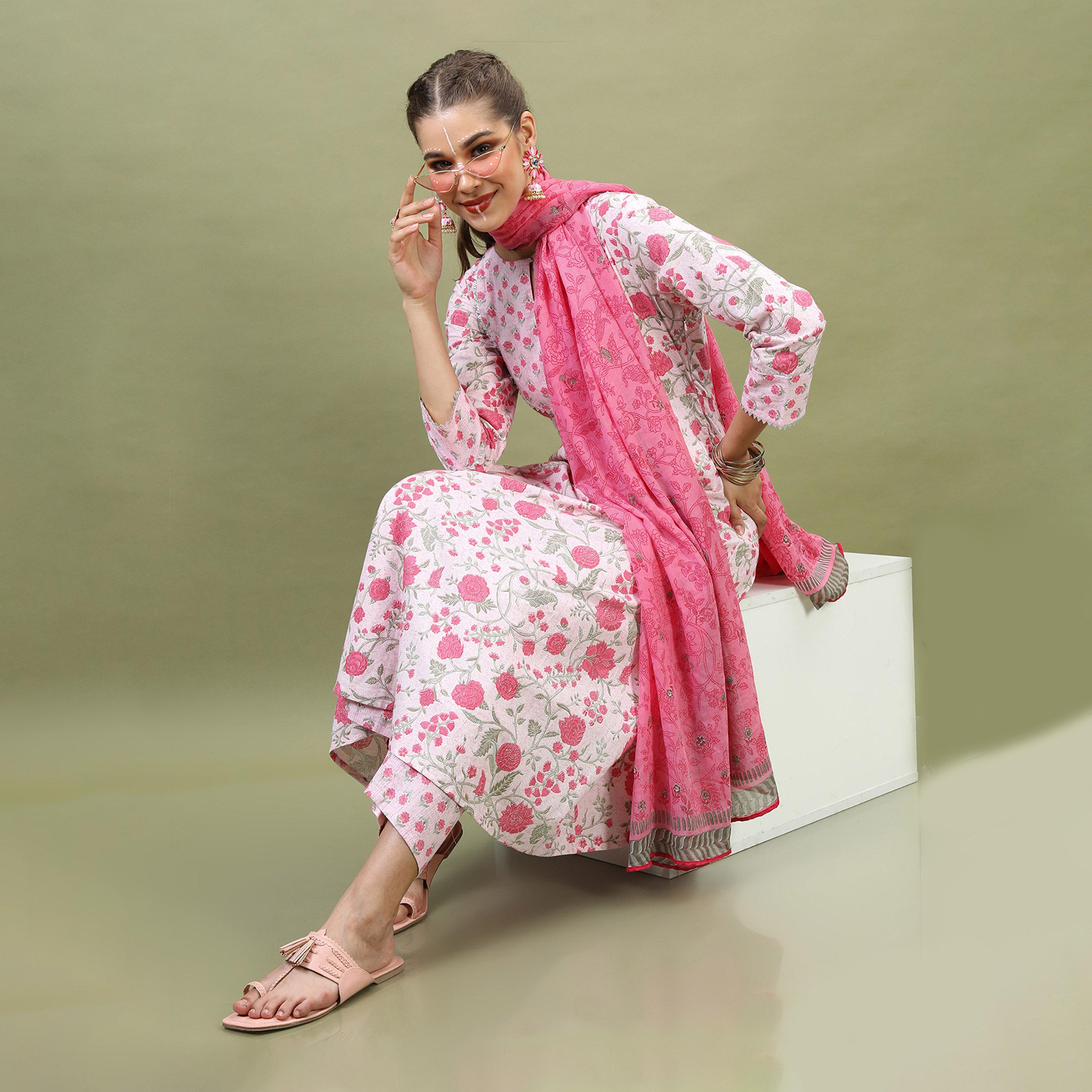 Vishudh X Styli Women Floral Pure Cotton Kurta with Trousers and Dupatta-women-clothing-ethnicwear-sareesets-image-1