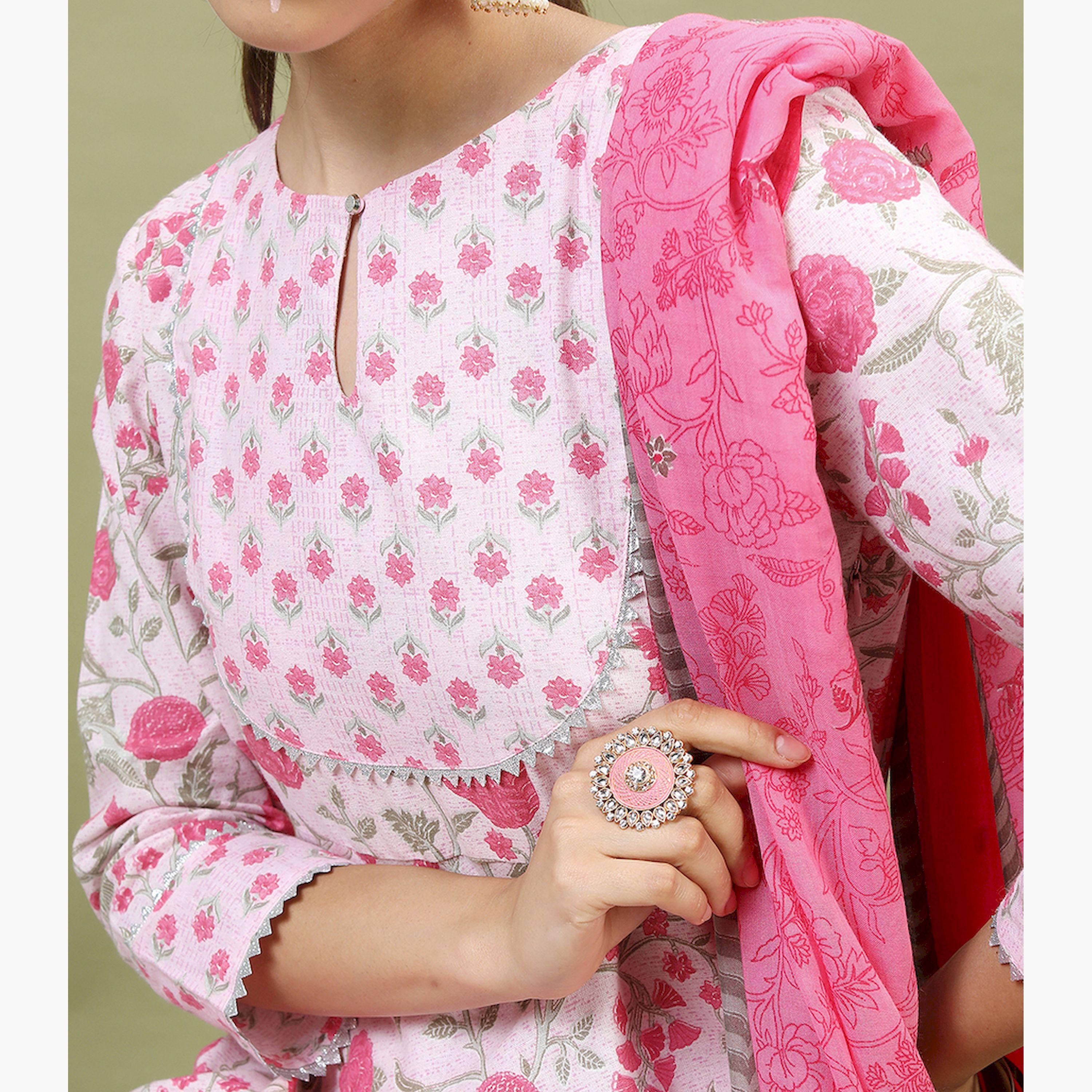 Vishudh X Styli Women Floral Pure Cotton Kurta with Trousers and Dupatta-women-clothing-ethnicwear-sareesets-image-4