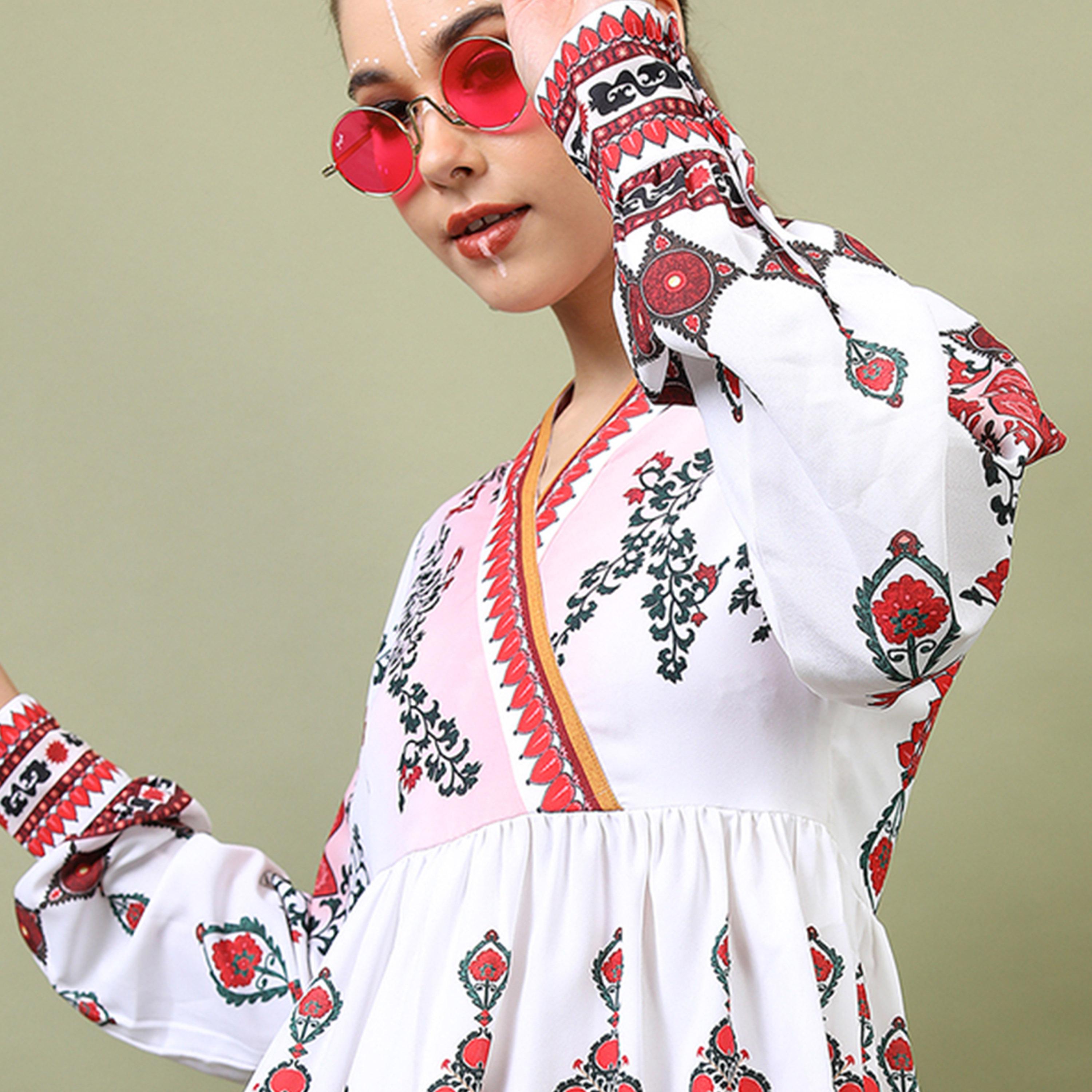 Vishudh X Styli Women White & Maroon Printed Fit And Flared Dress-women-clothing-dresses-image-1