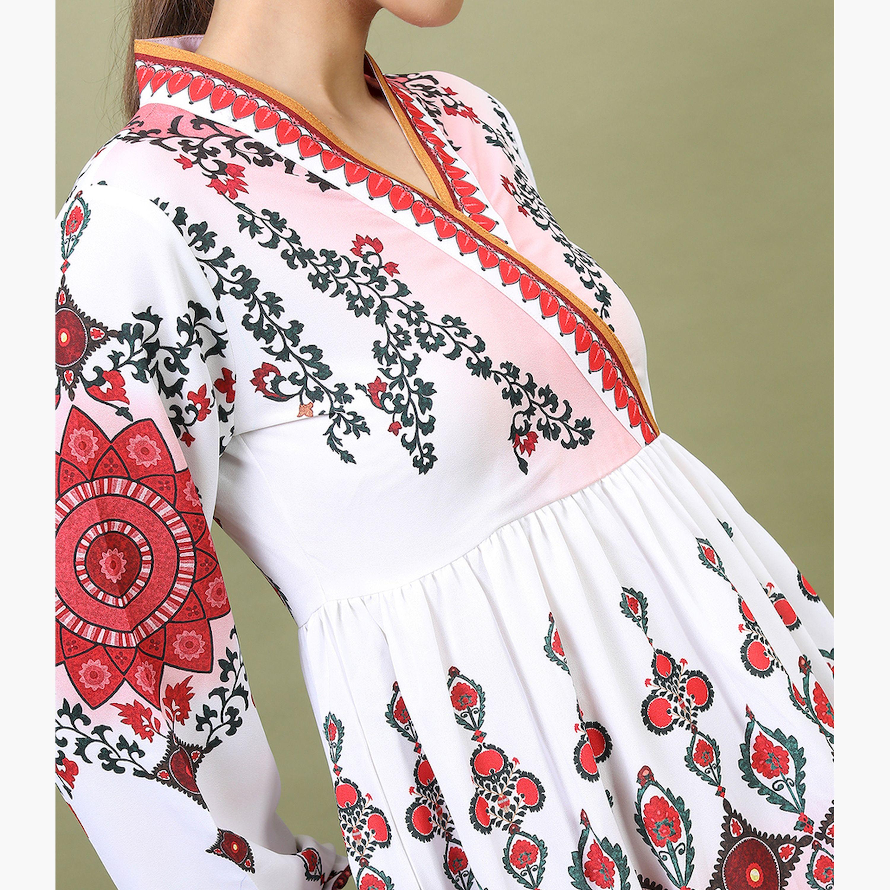 Vishudh X Styli Women White & Maroon Printed Fit And Flared Dress-women-clothing-dresses-image-4