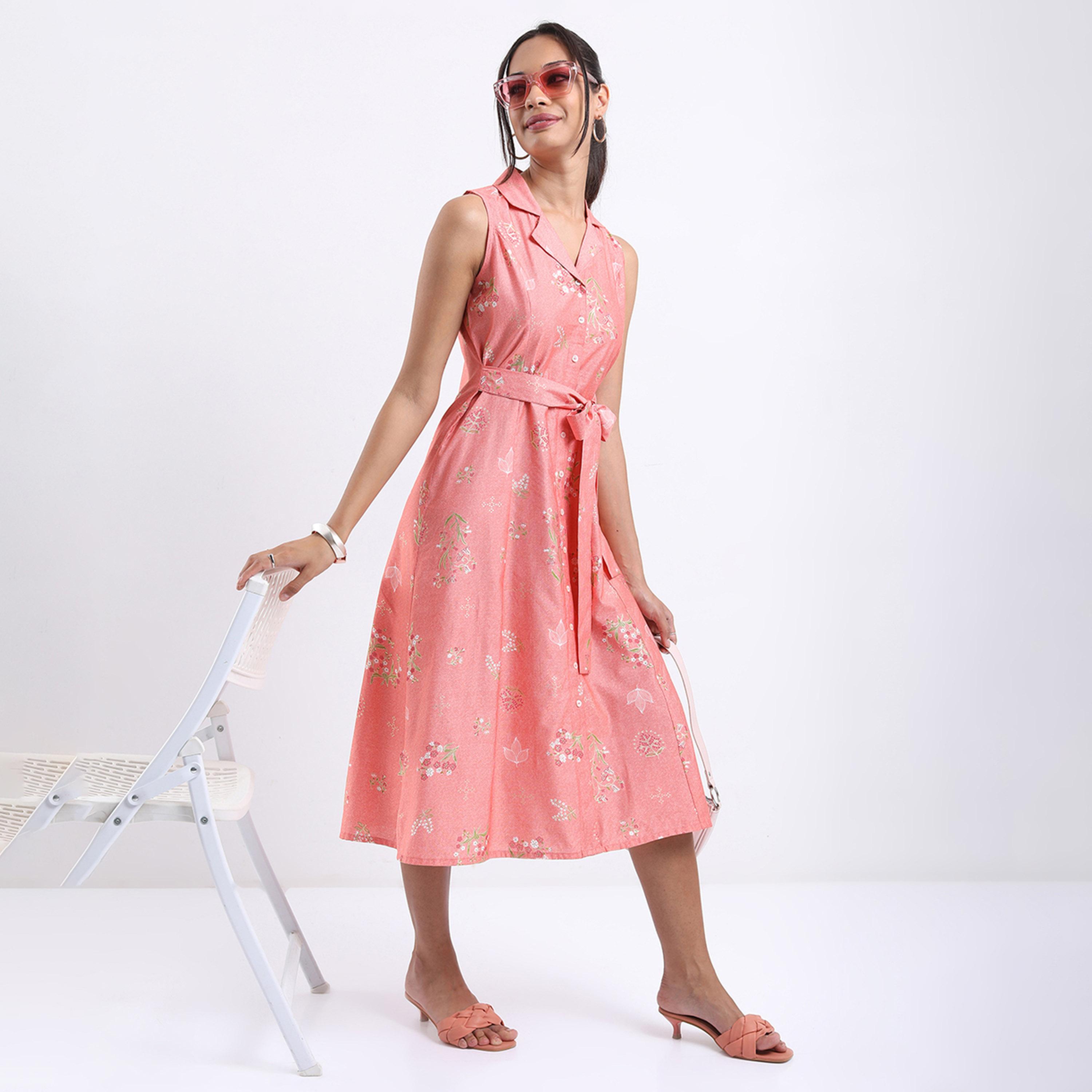 Vishudh X Styli Spread Collar Floral Printed Tie Up A-Line Midi Dress-women-clothing-dresses-image-1