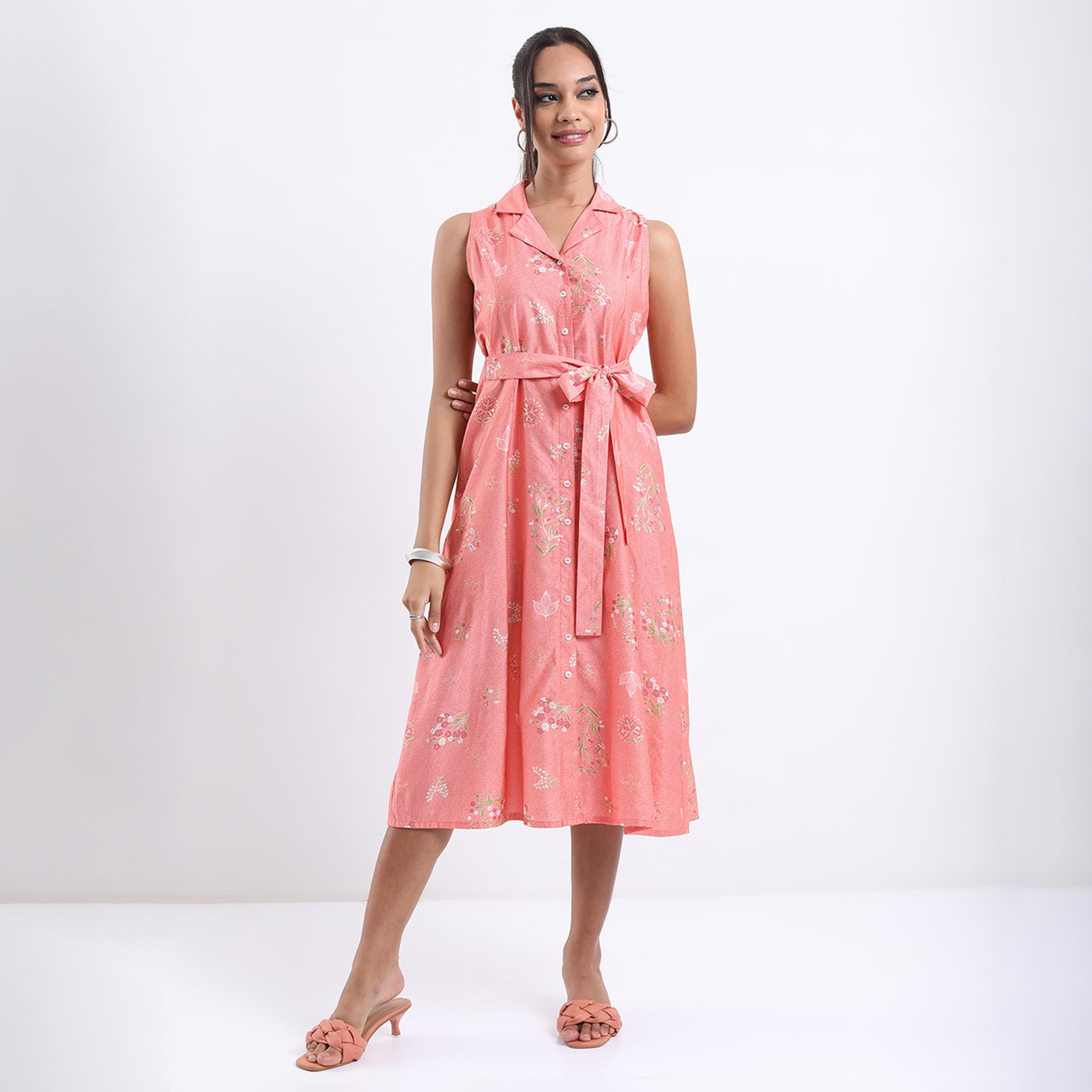 Vishudh X Styli Spread Collar Floral Printed Tie Up A-Line Midi Dress-women-clothing-dresses-image-2