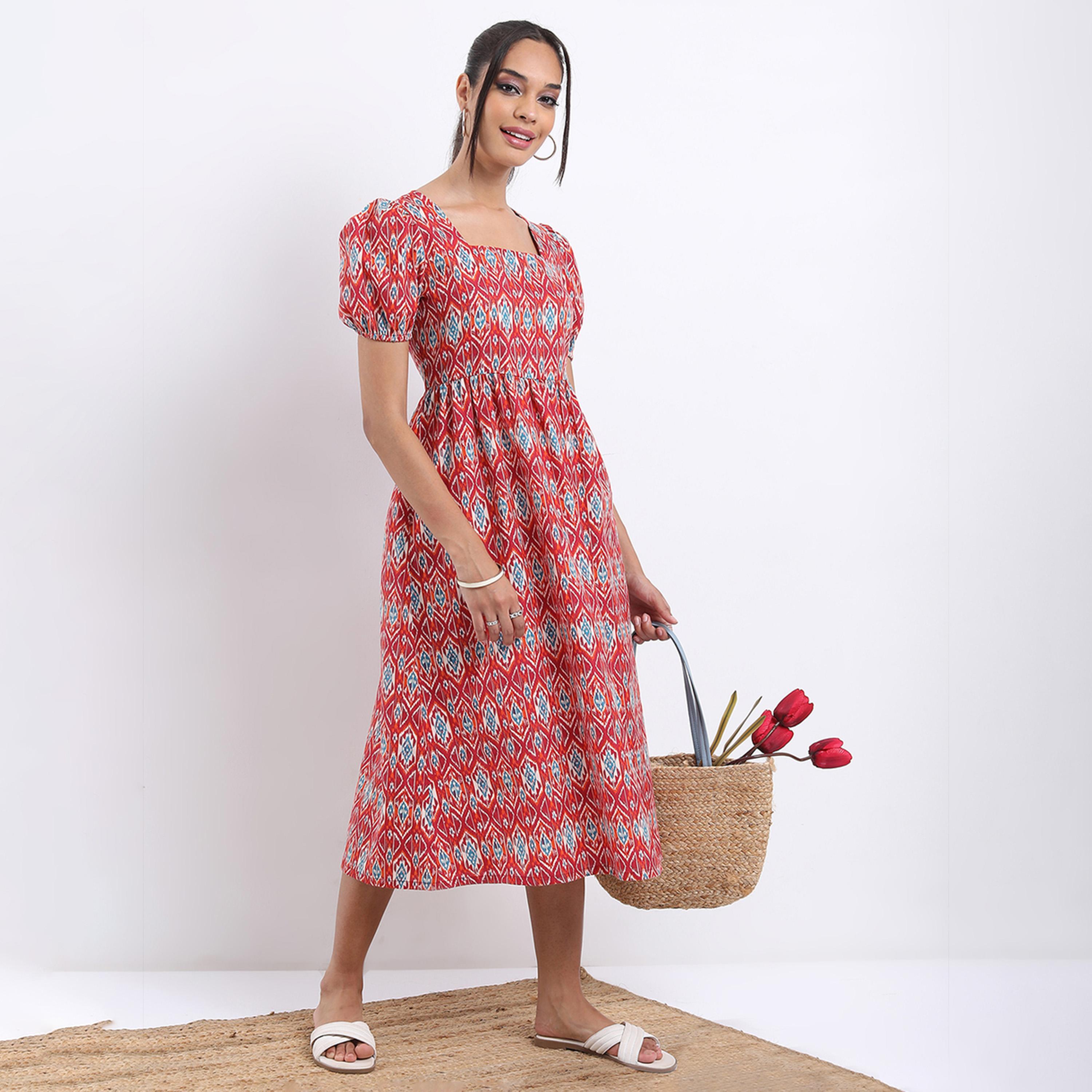 Vishudh X Styli Rust Ethnic Motifs Printed Square Neck Midi A-Line Dress-women-clothing-dresses-image-2