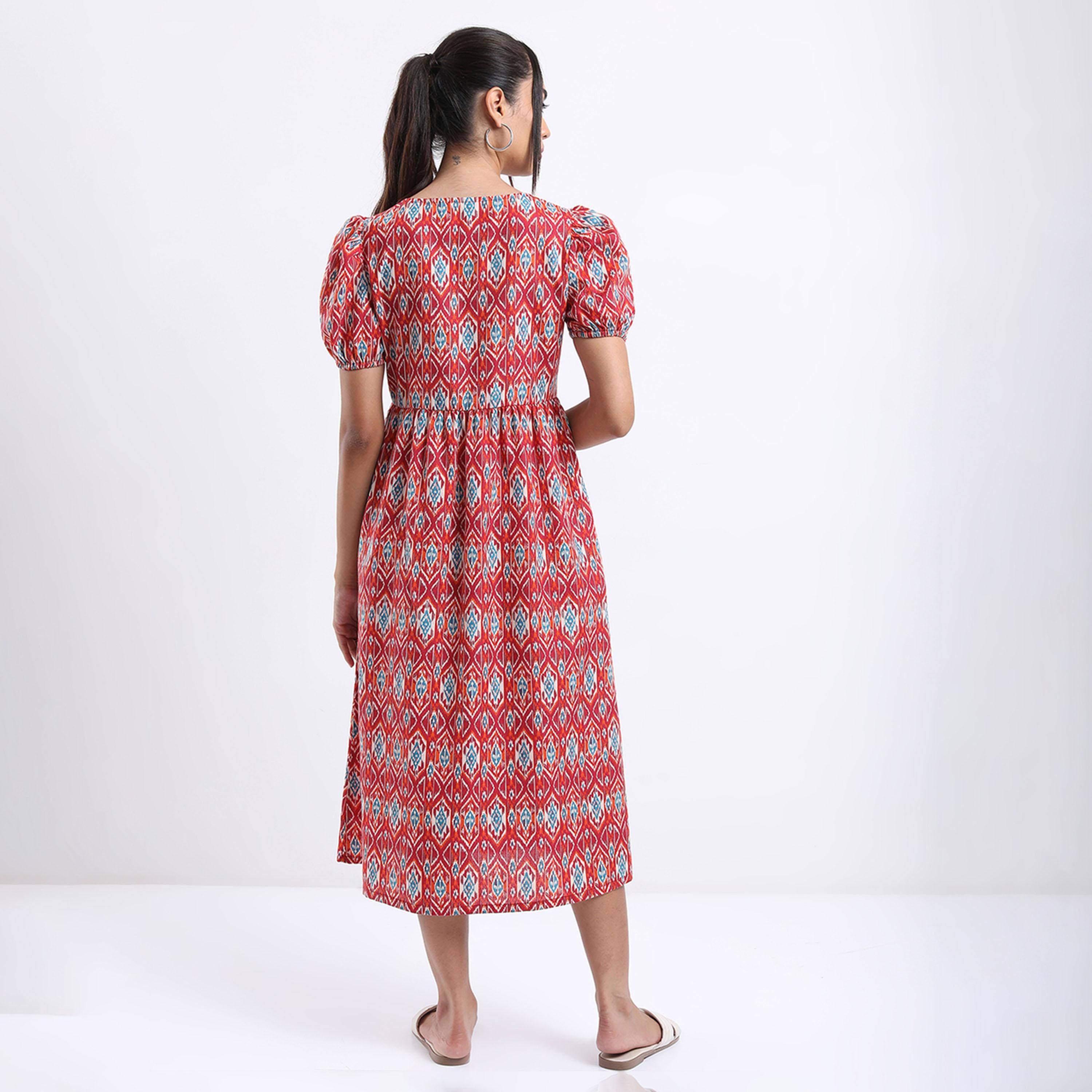 Vishudh X Styli Rust Ethnic Motifs Printed Square Neck Midi A-Line Dress-women-clothing-dresses-image-3