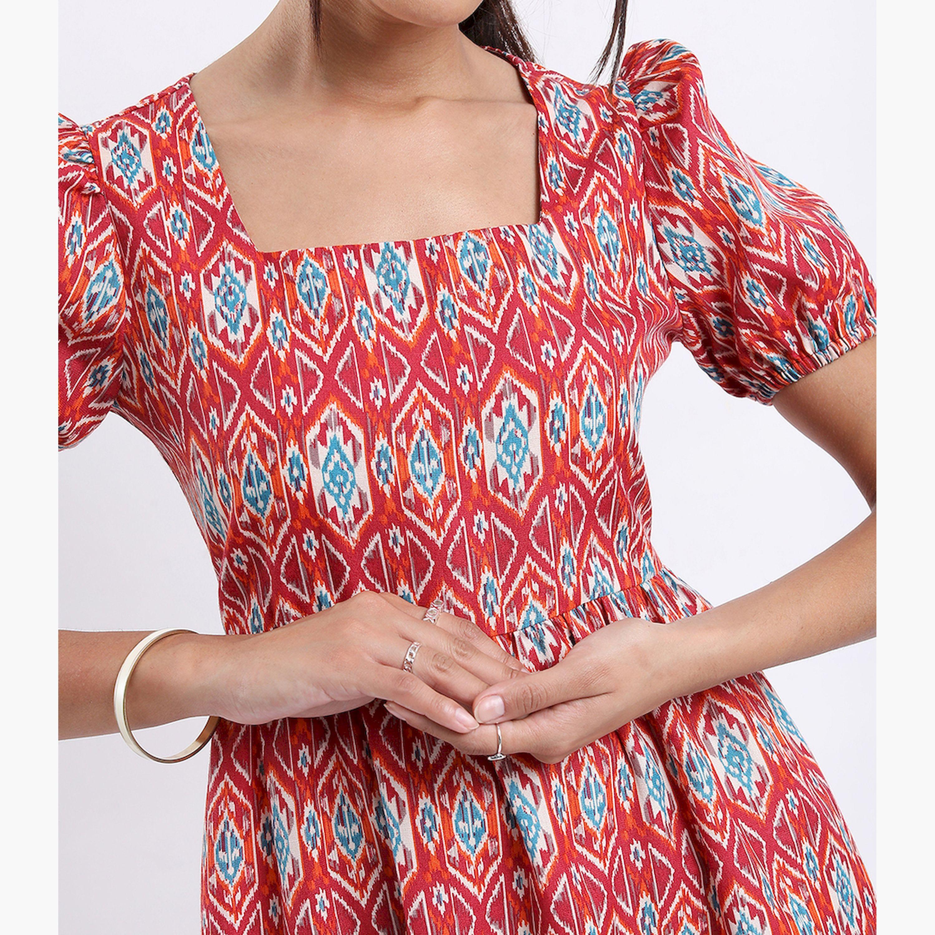 فيشود × ستايلي - فستان متوسط الطول بطبعة زخارف عرقية بفتحة رقبة مربعة وقصة A - لون الصدأ-women-clothing-dresses-image-4