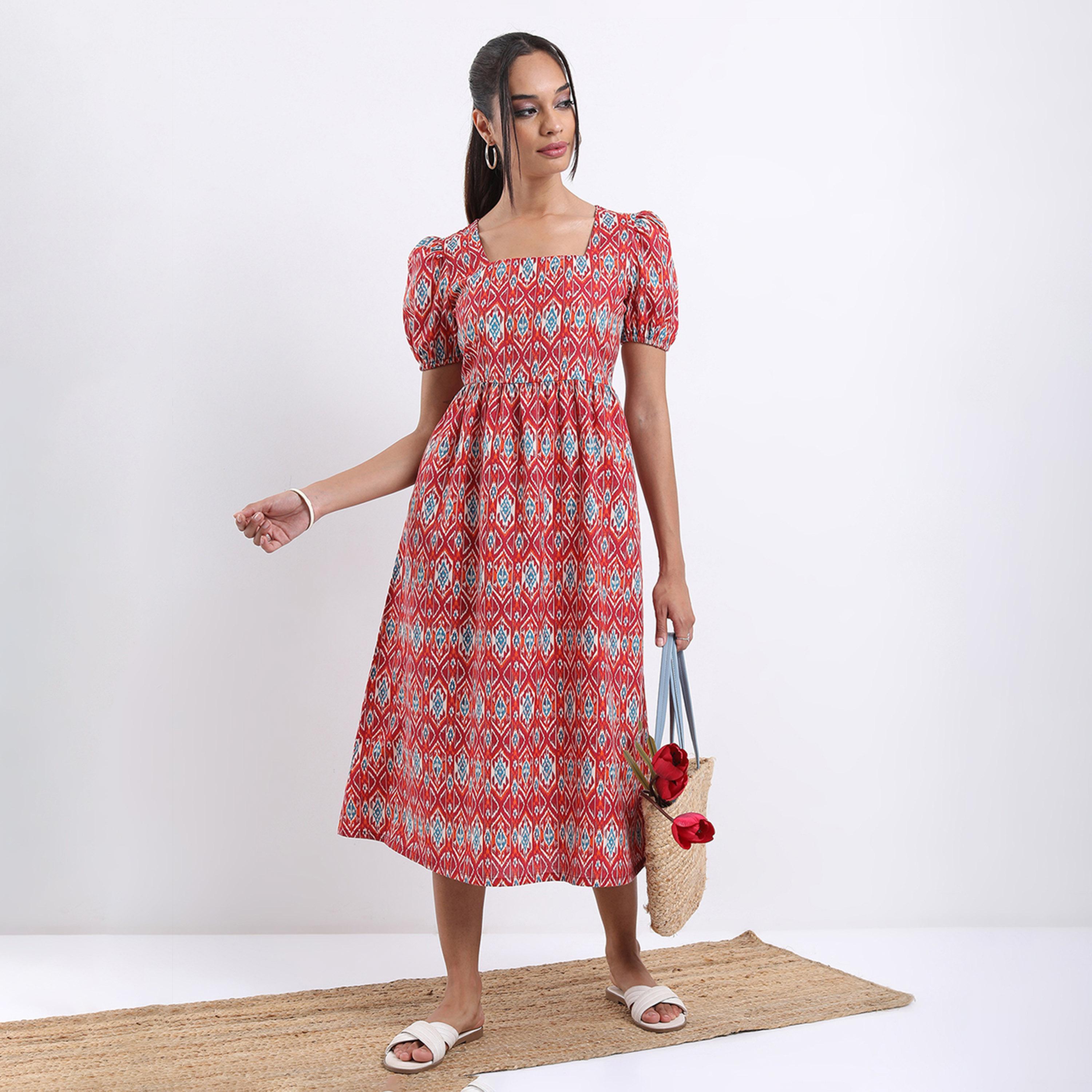 Vishudh X Styli Rust Ethnic Motifs Printed Square Neck Midi A-Line Dress-women-clothing-dresses-image-5