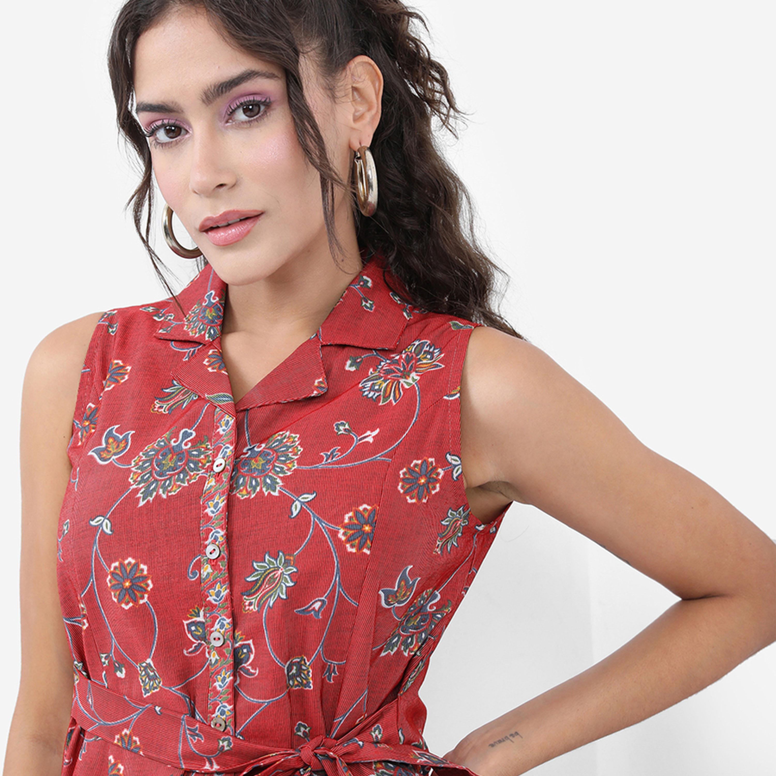 Vishudh X Styli Red Floral Printed V-Neck A-Line Dress-women-clothing-dresses-image-2