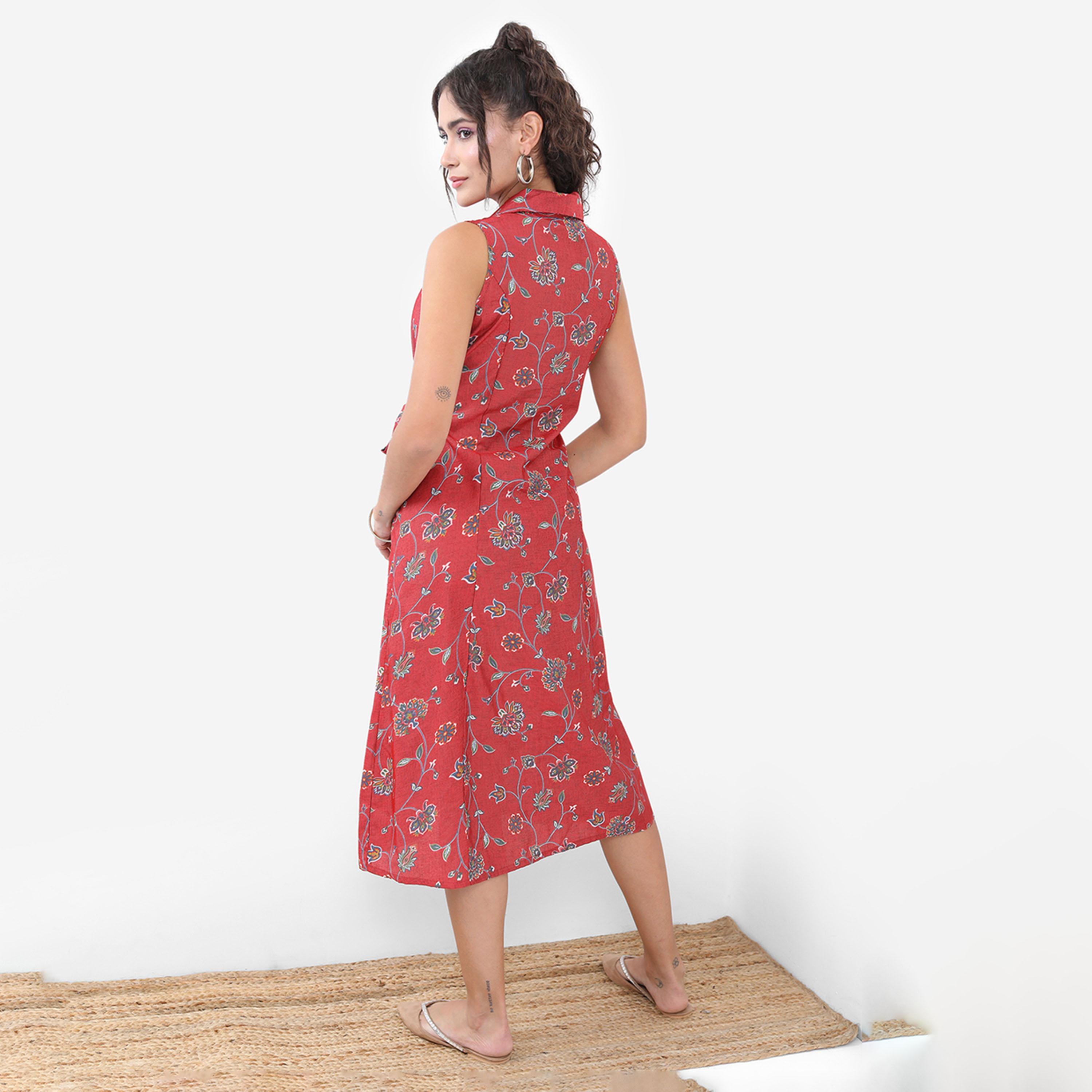 Vishudh X Styli Red Floral Printed V-Neck A-Line Dress-women-clothing-dresses-image-3