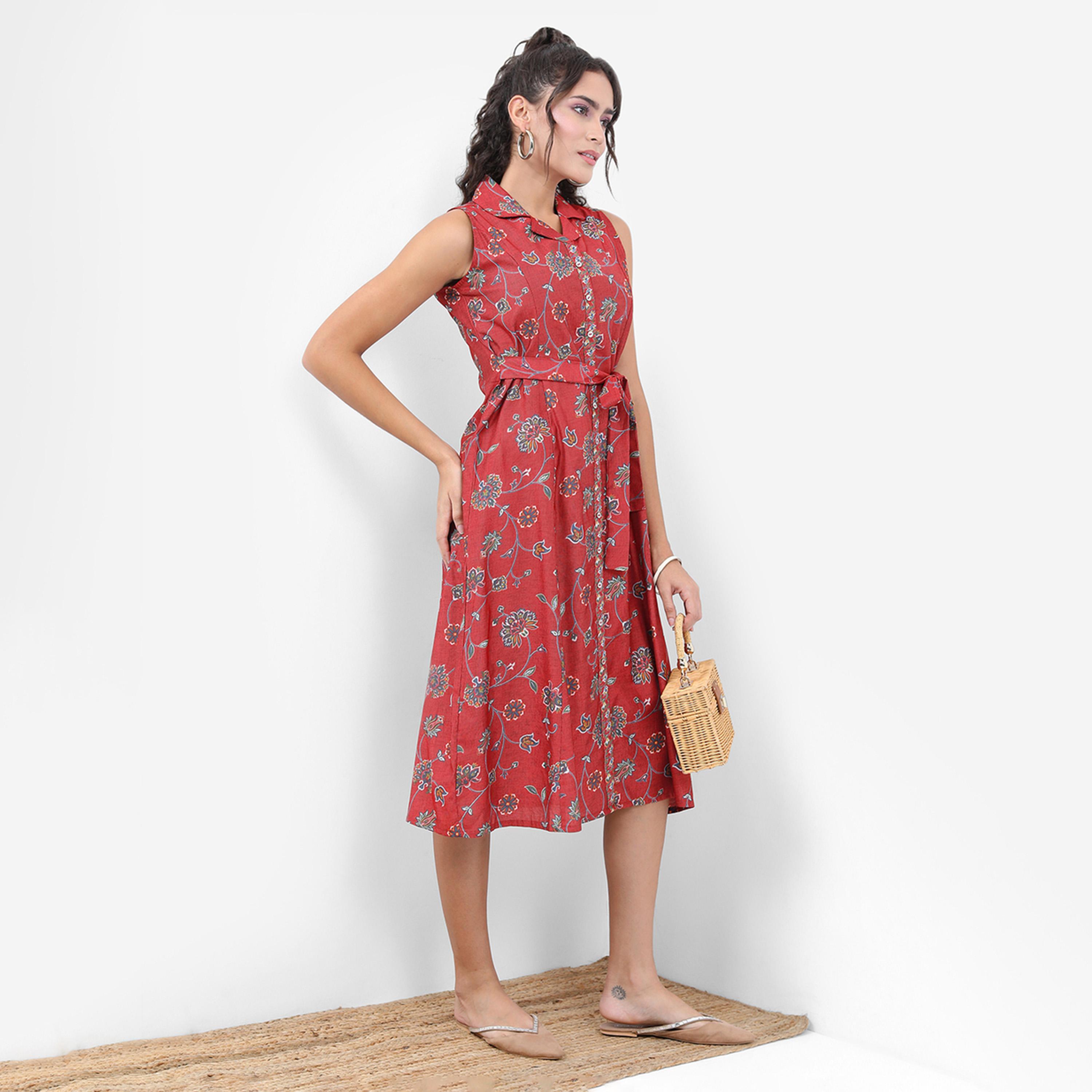فيشود × ستايلي - فستان أحمر بطبعة زهور وفتحة رقبة على شكل V وقصّة A-women-clothing-dresses-image-6
