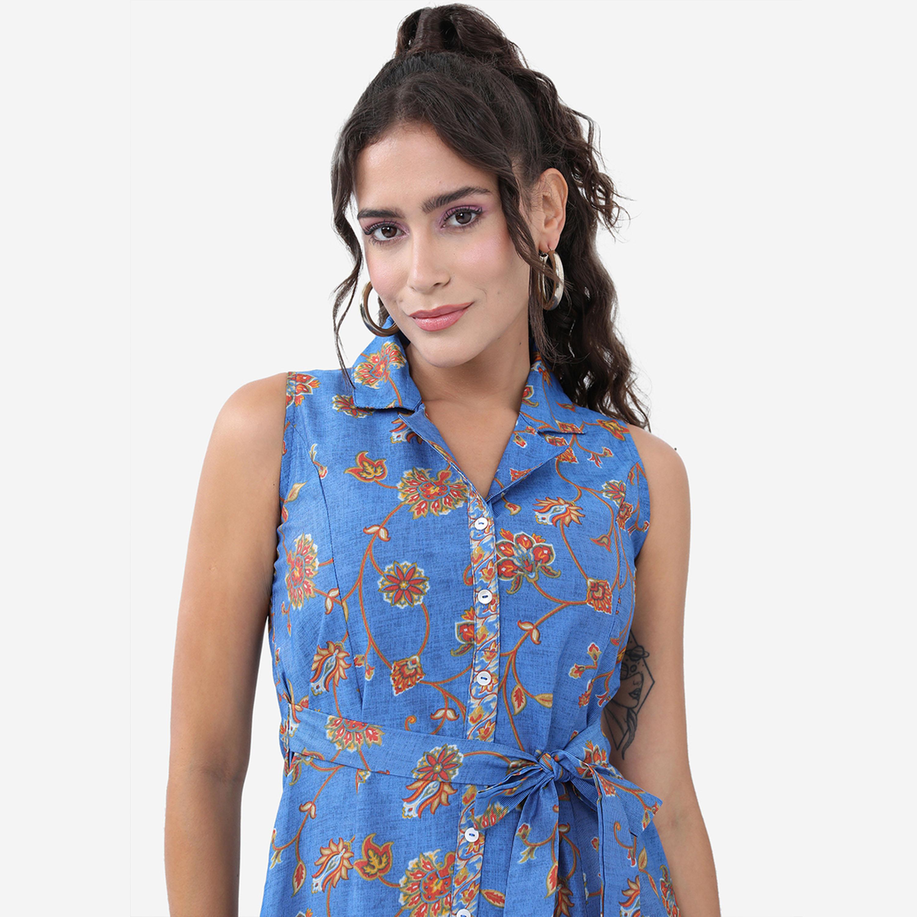 فيشود × ستايلي - فستان متوسط الطول بقصة واسعة وطبعات زهور مع حزام - أزرق وبني-women-clothing-dresses-image-2