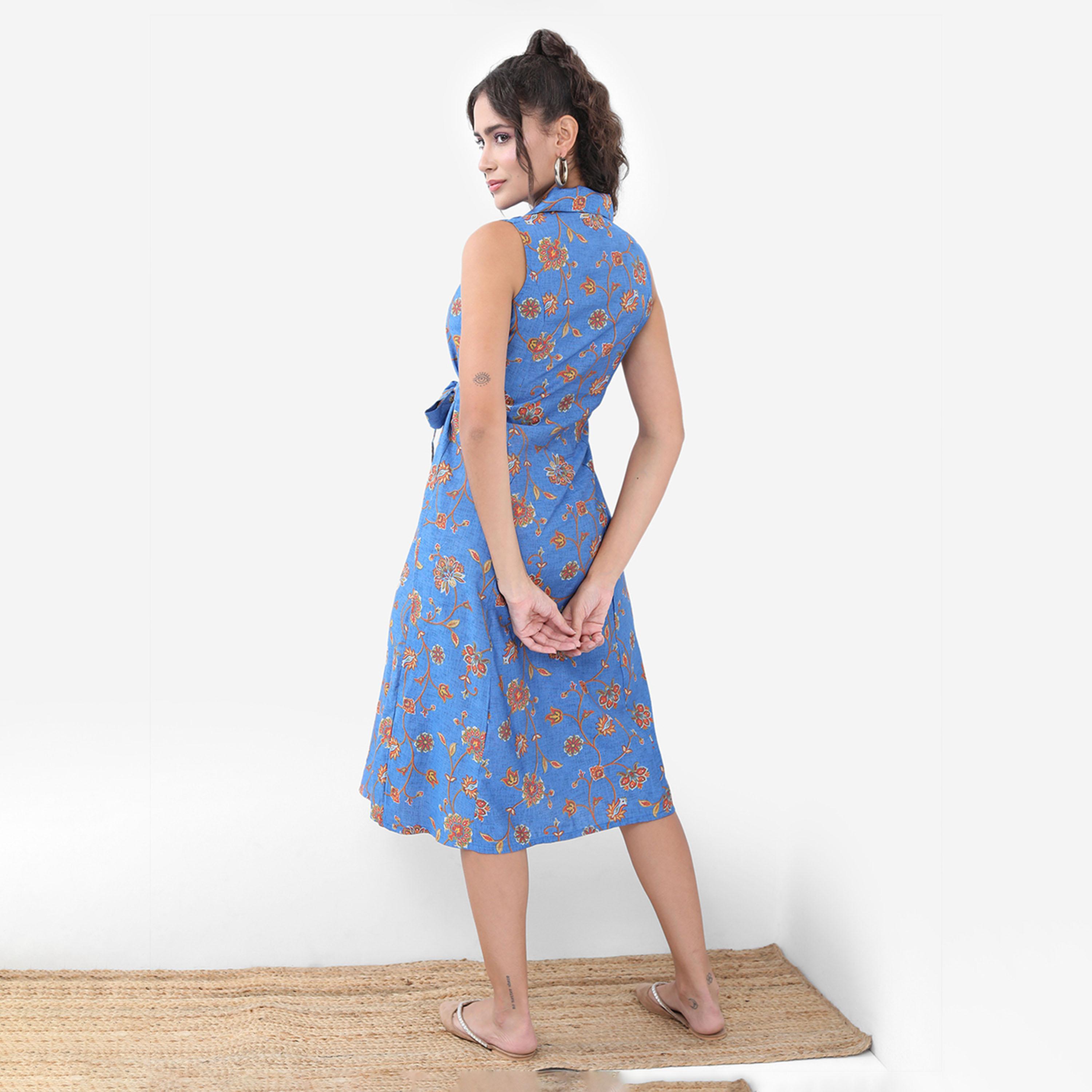 فيشود × ستايلي - فستان متوسط الطول بقصة واسعة وطبعات زهور مع حزام - أزرق وبني-women-clothing-dresses-image-3