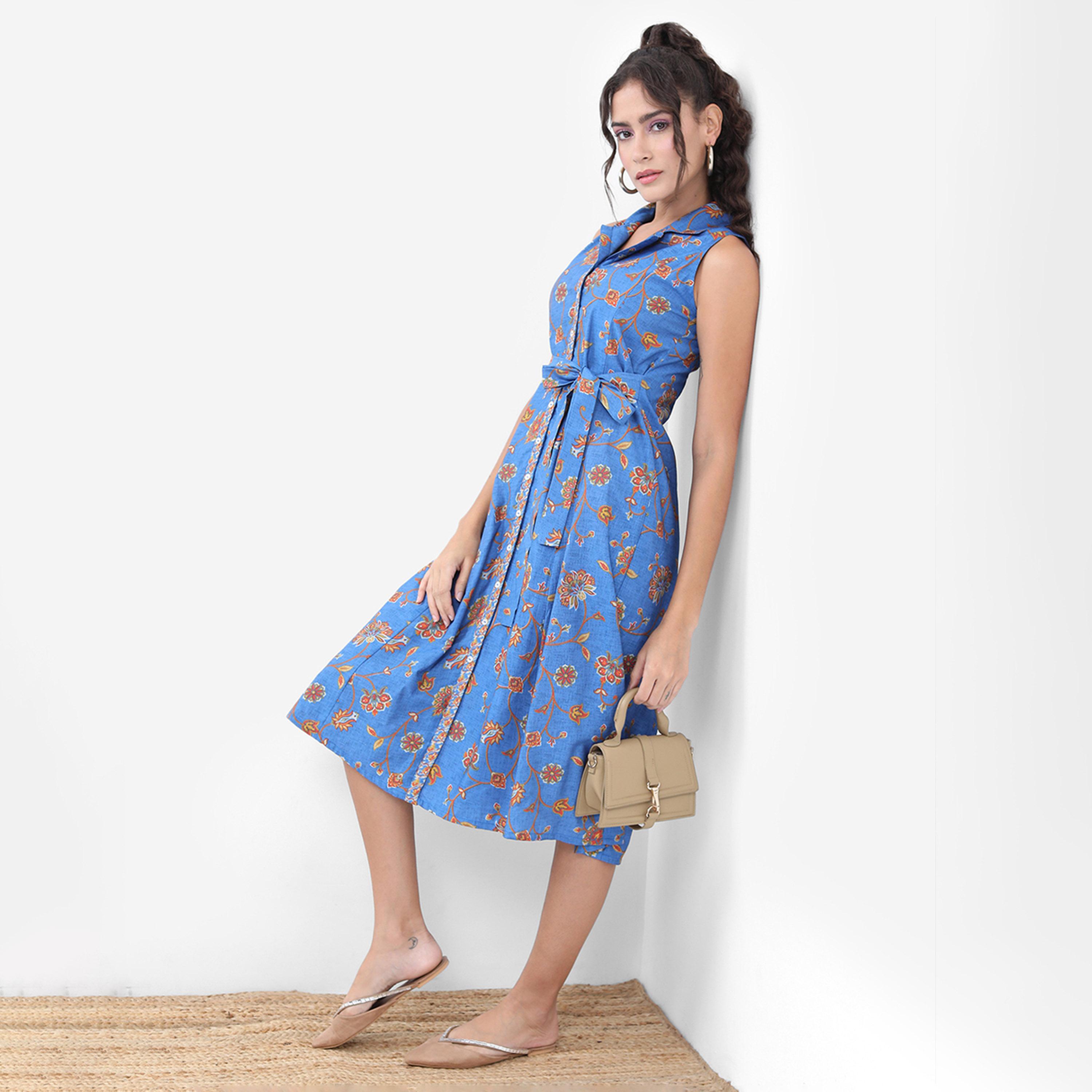 فيشود × ستايلي - فستان متوسط الطول بقصة واسعة وطبعات زهور مع حزام - أزرق وبني-women-clothing-dresses-image-4