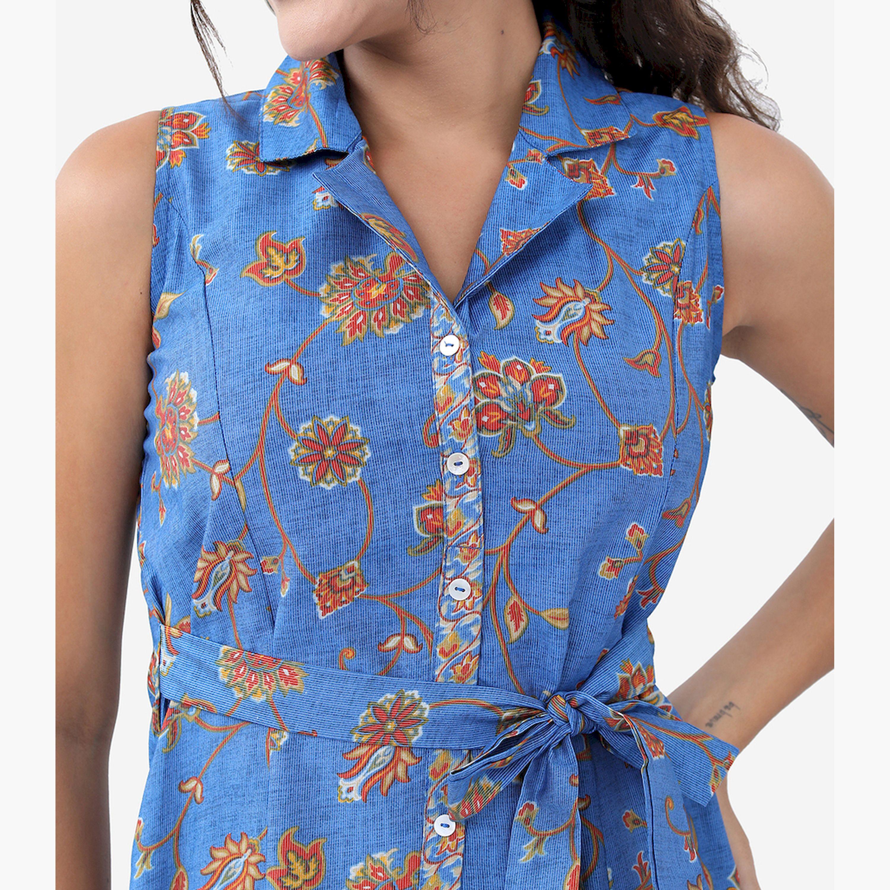 فيشود × ستايلي - فستان متوسط الطول بقصة واسعة وطبعات زهور مع حزام - أزرق وبني-women-clothing-dresses-image-5