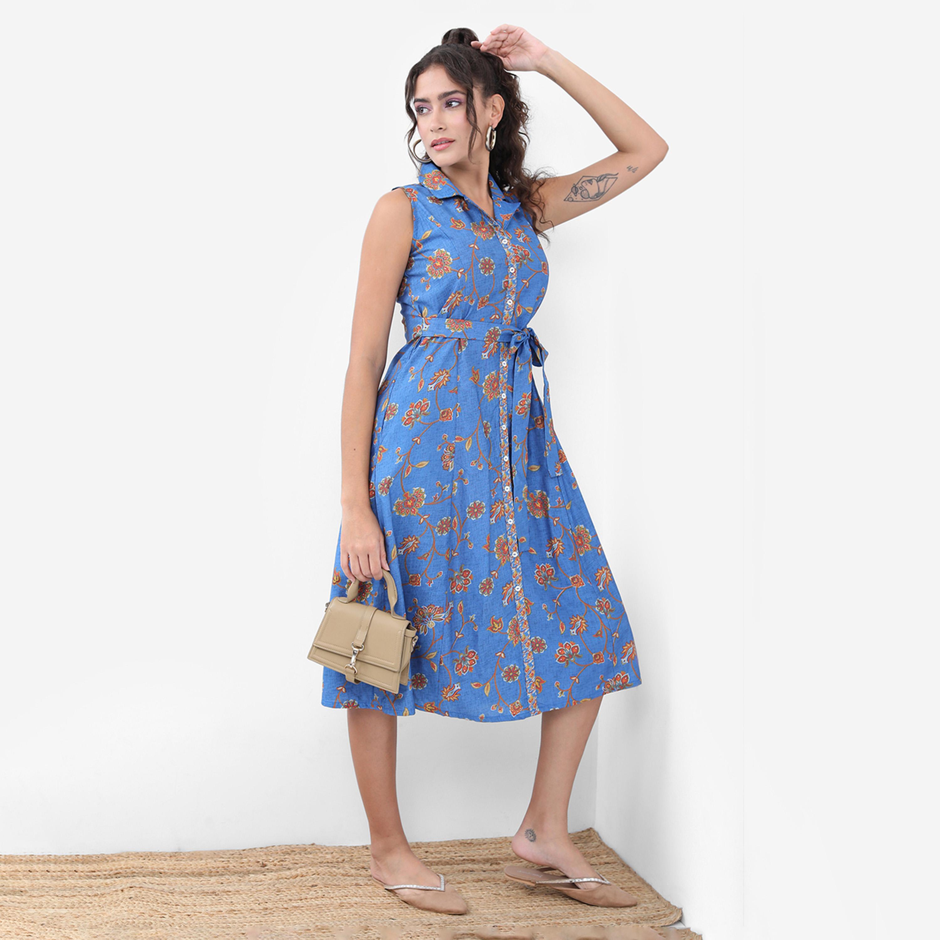 فيشود × ستايلي - فستان متوسط الطول بقصة واسعة وطبعات زهور مع حزام - أزرق وبني-women-clothing-dresses-image-6