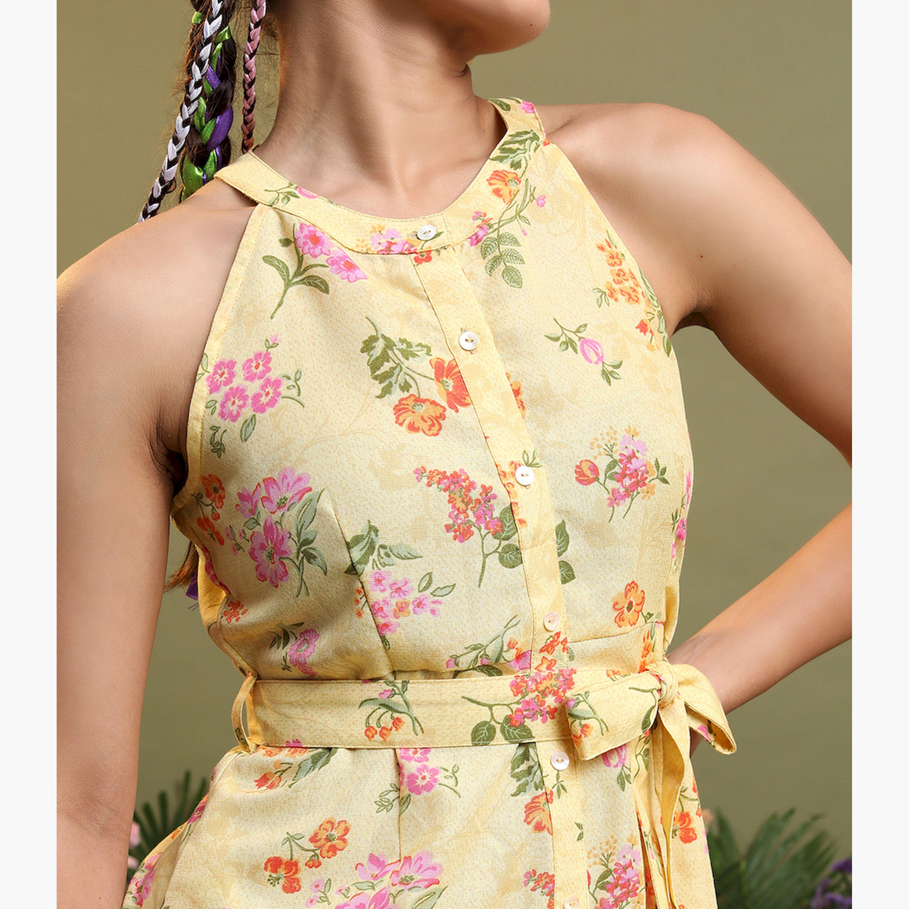 فيشود × ستايلي - فستان متوسط الطول بطبعة زهور ورباط حول الرقبة وقصة A - أصفر-women-clothing-dresses-image-5