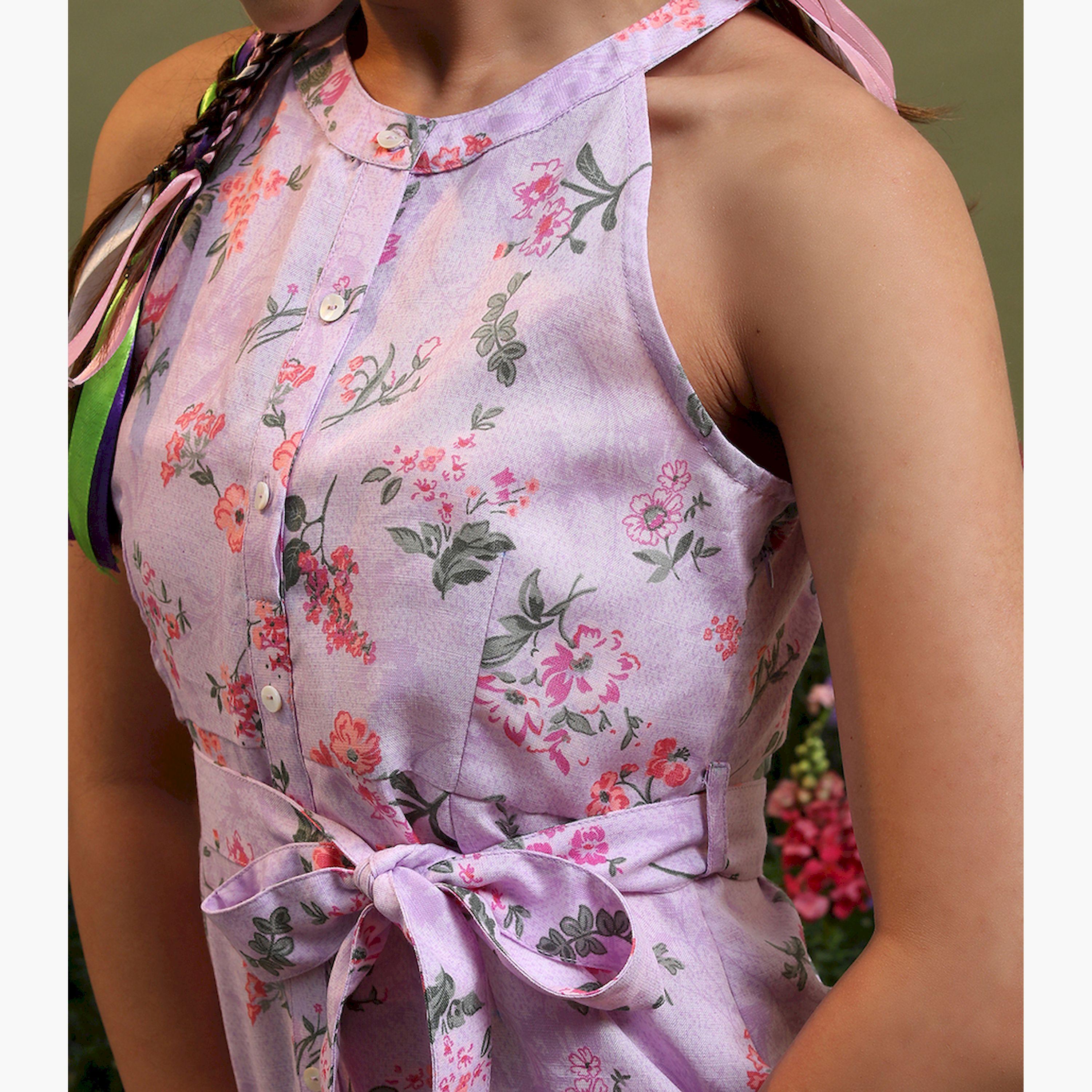 فيشود × ستايلي - فستان متوسط الطول بقصة A وطبعة زهور لافندر وياقة هالتر-women-clothing-dresses-image-5
