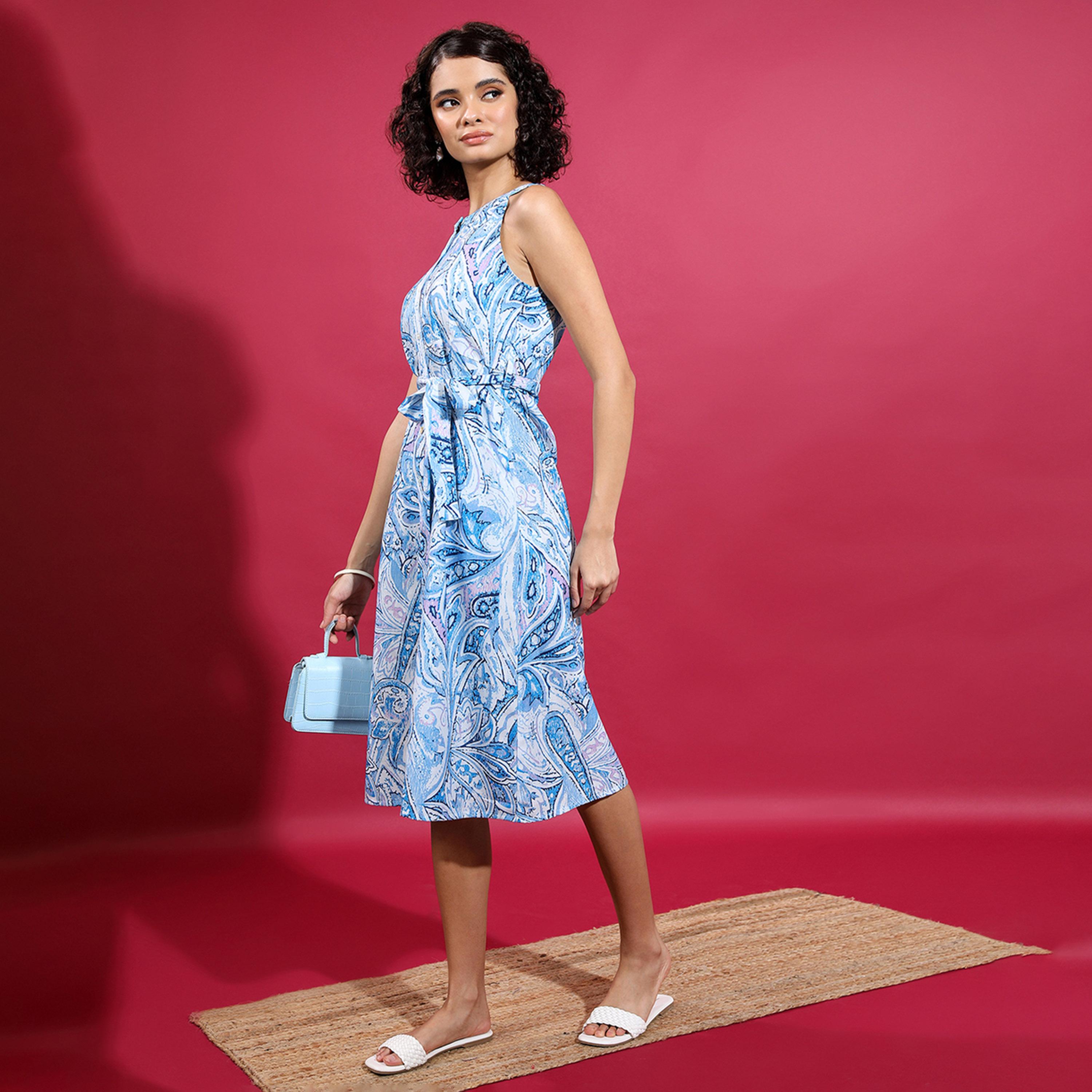 Vishudh X Styli Blue Floral Printed A-Line Dress With Belt-women-clothing-dresses-image-4