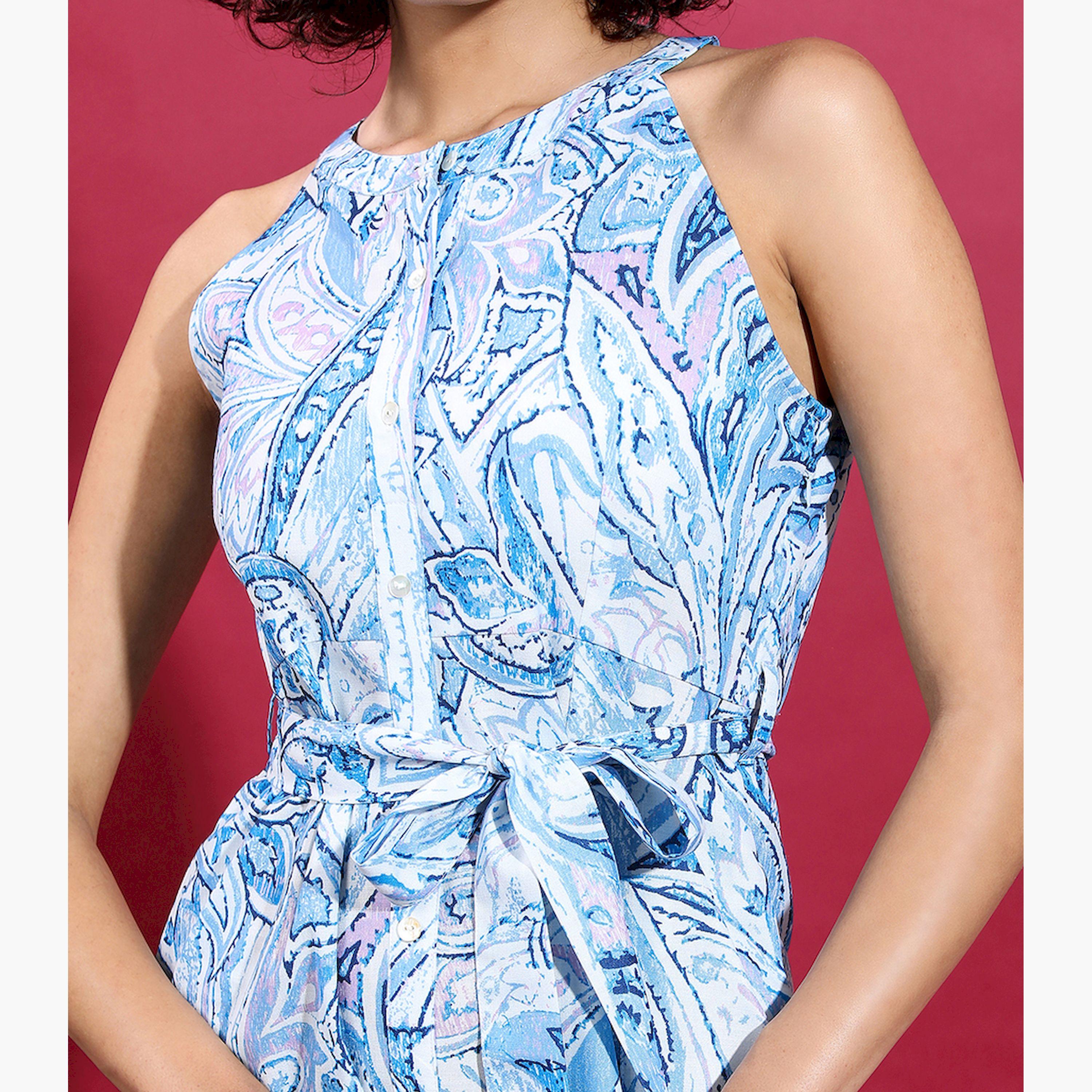Vishudh X Styli Blue Floral Printed A-Line Dress With Belt-women-clothing-dresses-image-5