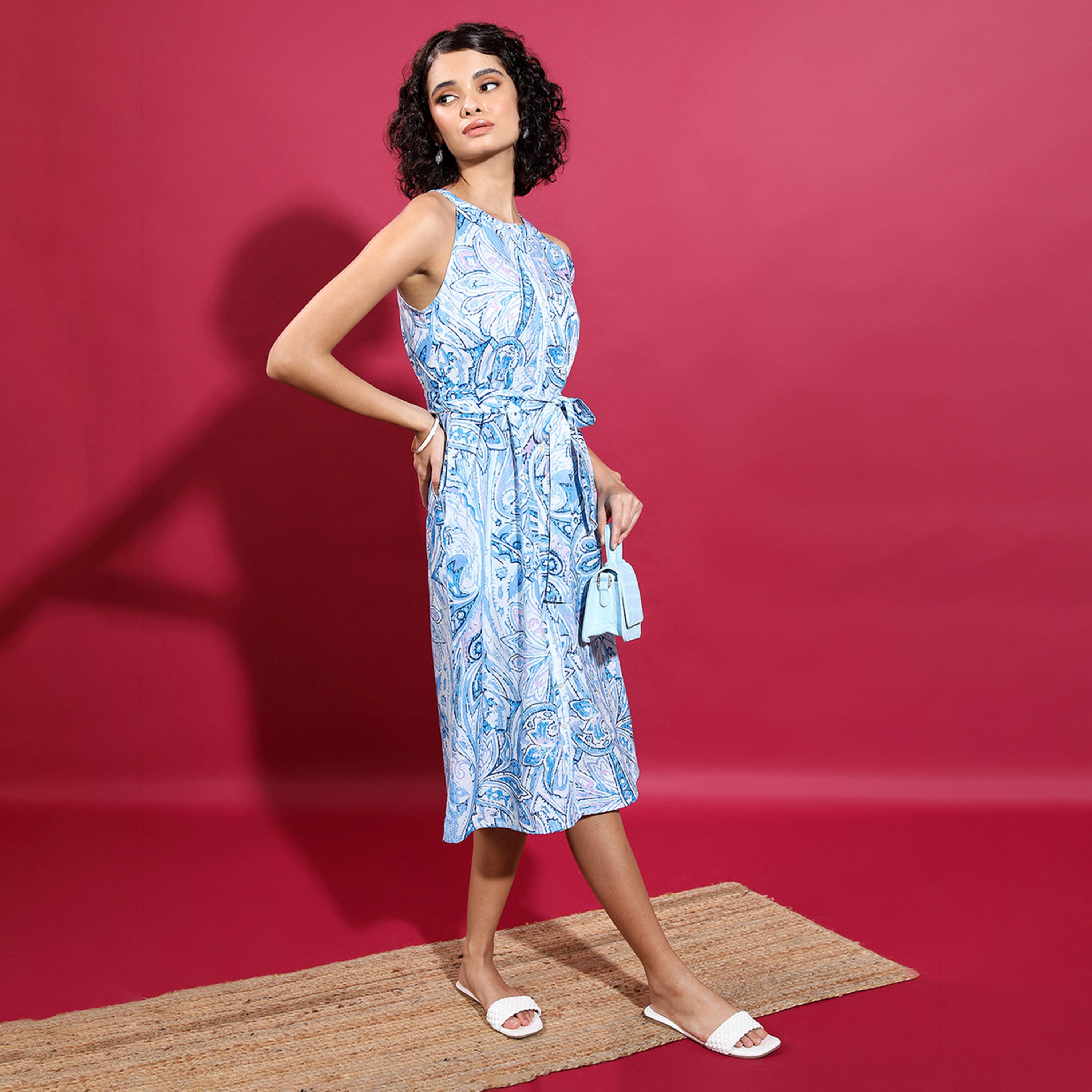Vishudh X Styli Blue Floral Printed A-Line Dress With Belt-women-clothing-dresses-image-6