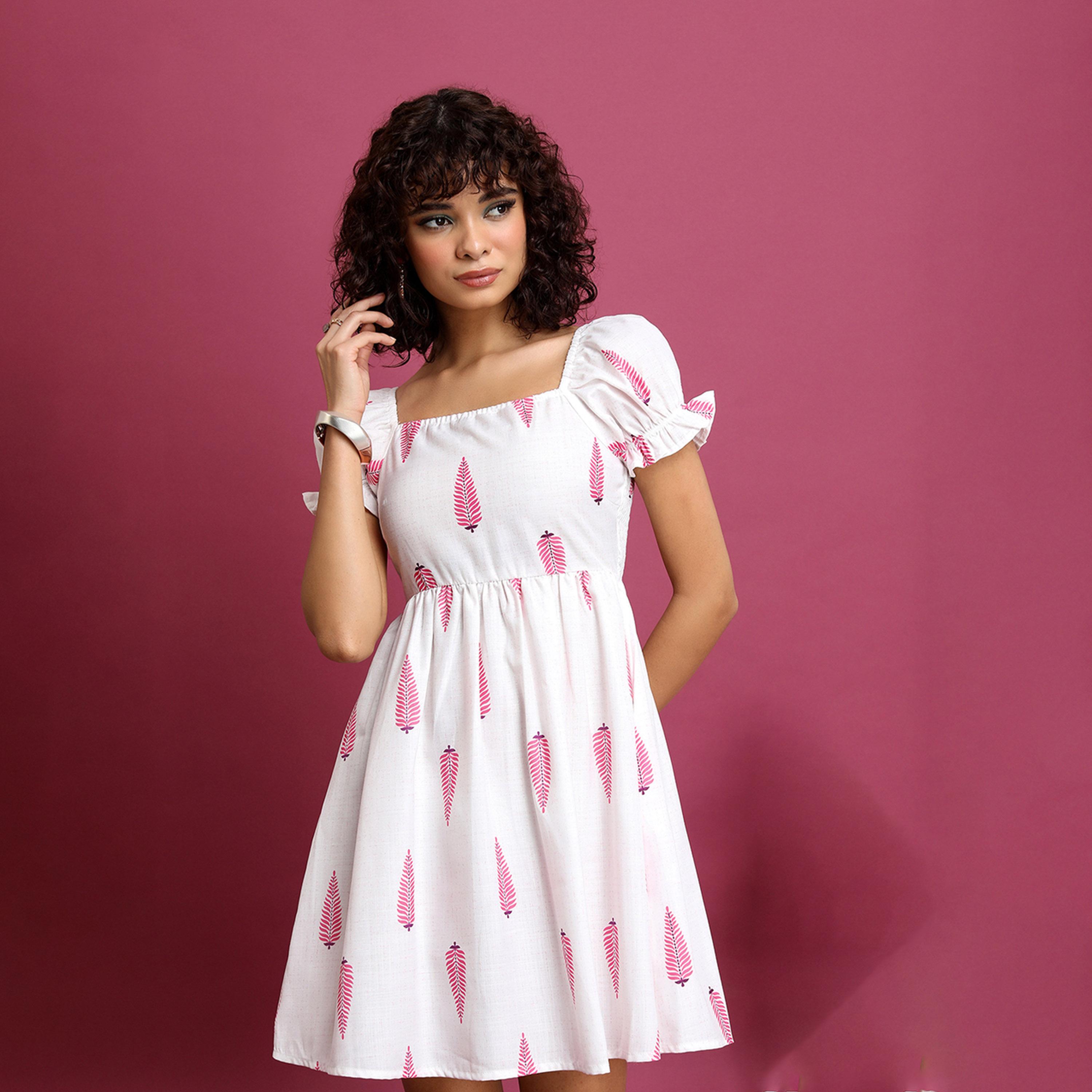 Vishudh X Styli White Ethnic Motif Printed PuffSleeve Fit & Flare Dress-women-clothing-dresses-image-1