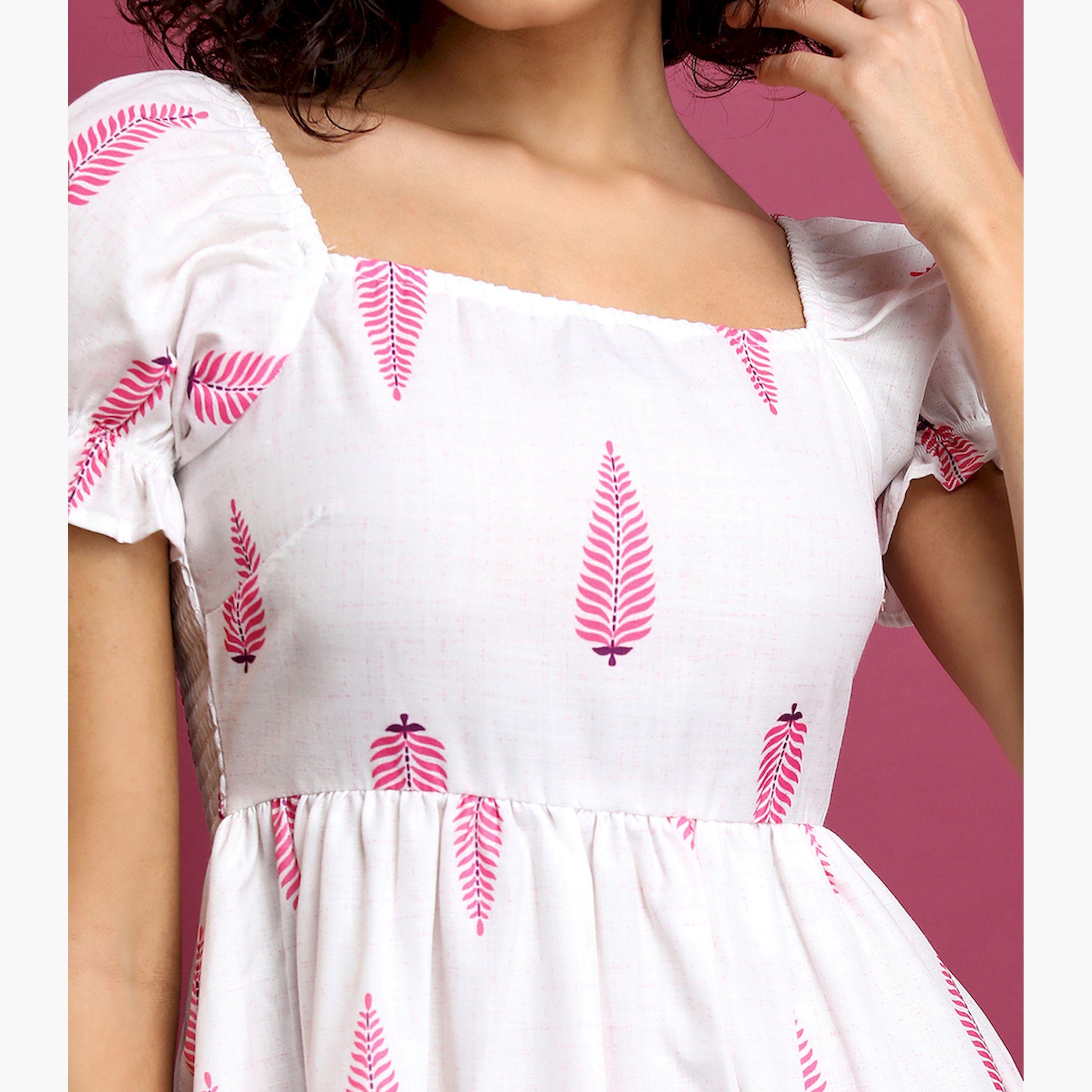 Vishudh X Styli White Ethnic Motif Printed PuffSleeve Fit & Flare Dress-women-clothing-dresses-image-5