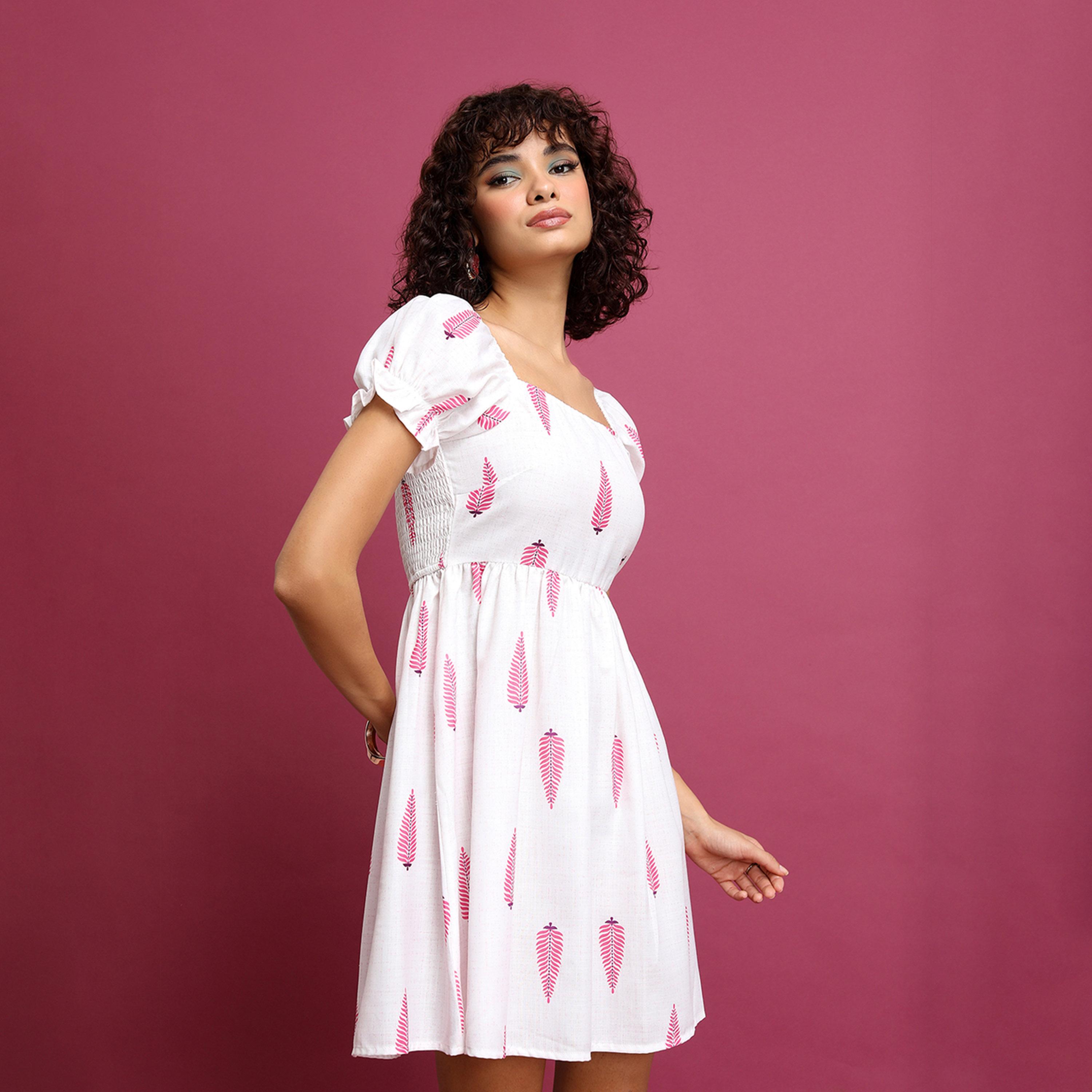 Vishudh X Styli White Ethnic Motif Printed PuffSleeve Fit & Flare Dress-women-clothing-dresses-image-6