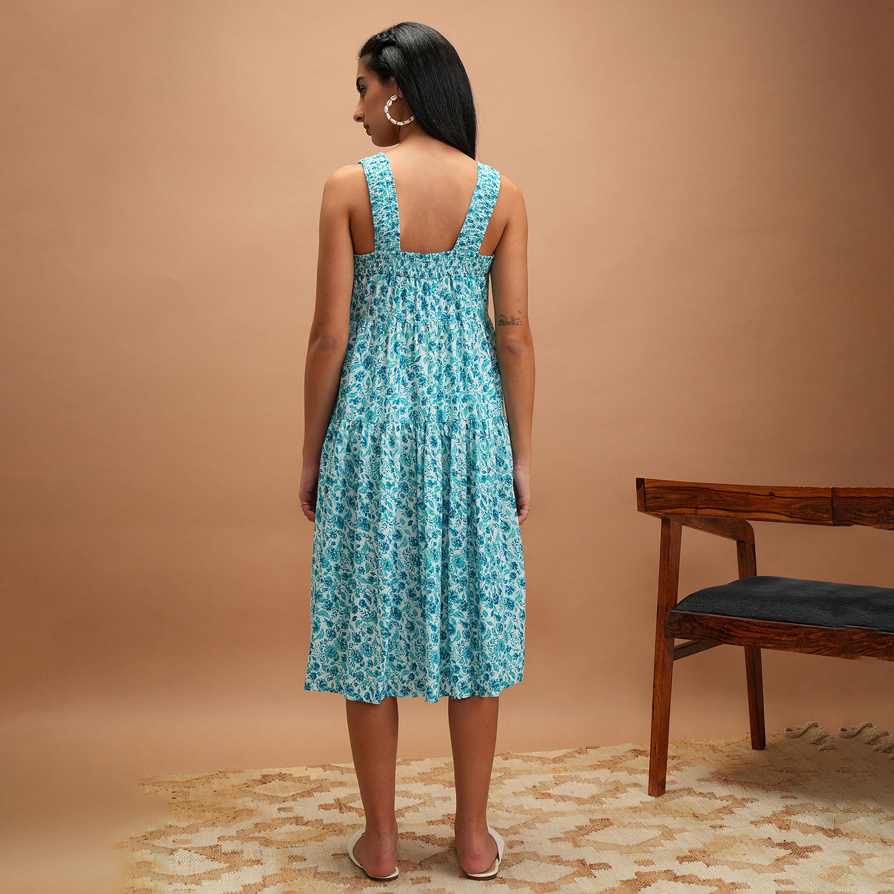 Vishudh X Styli Blue Floral Printed Smocked Tiered A-Line Midi Dress-women-clothing-dresses-image-3
