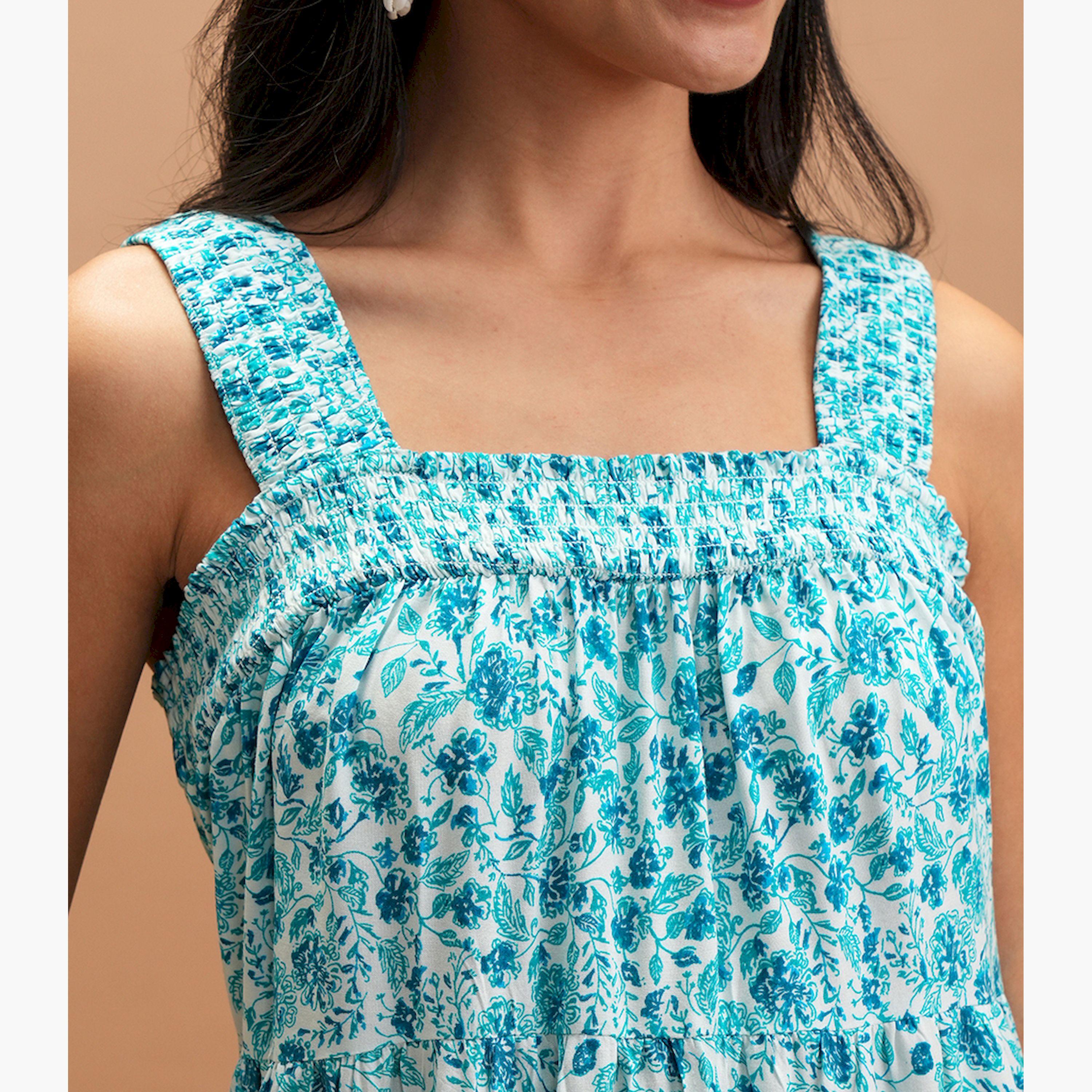 فيشود × ستايلي - فستان متوسط الطول متعدد الطبقات بطبعة زهور وقصة A - أزرق-women-clothing-dresses-image-5