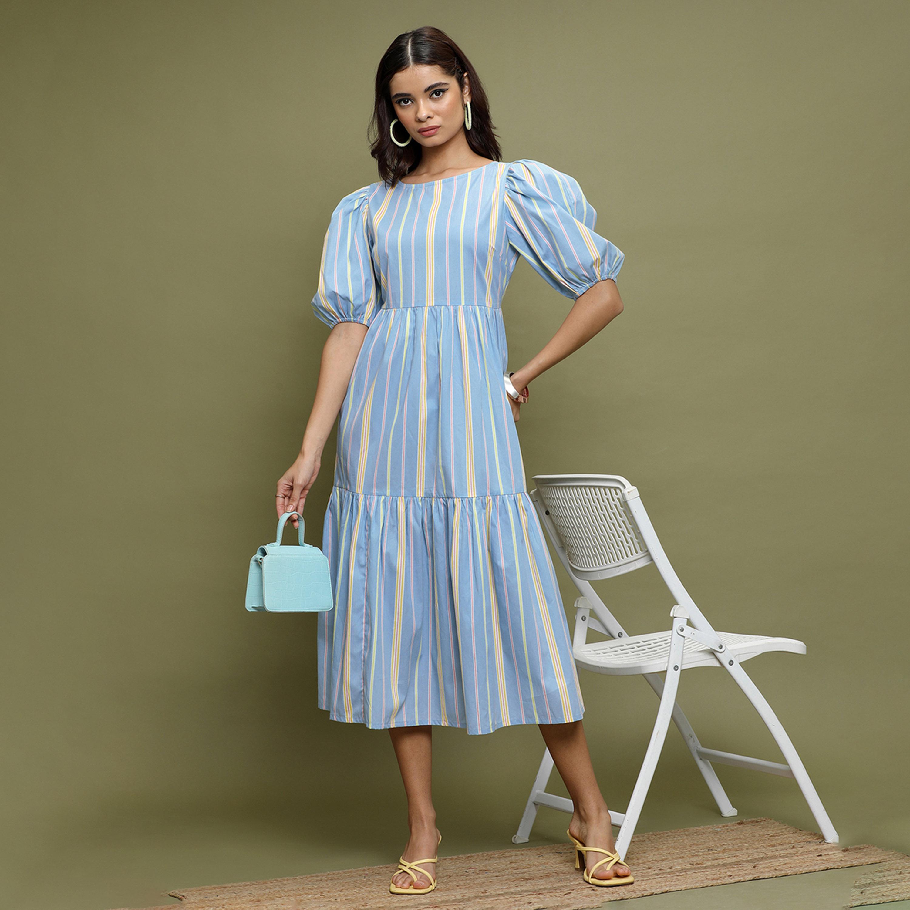 Vishudh X Styli Striped Puff Sleeves Gathered Cotton A-Line Midi Dress-women-clothing-dresses-image-1